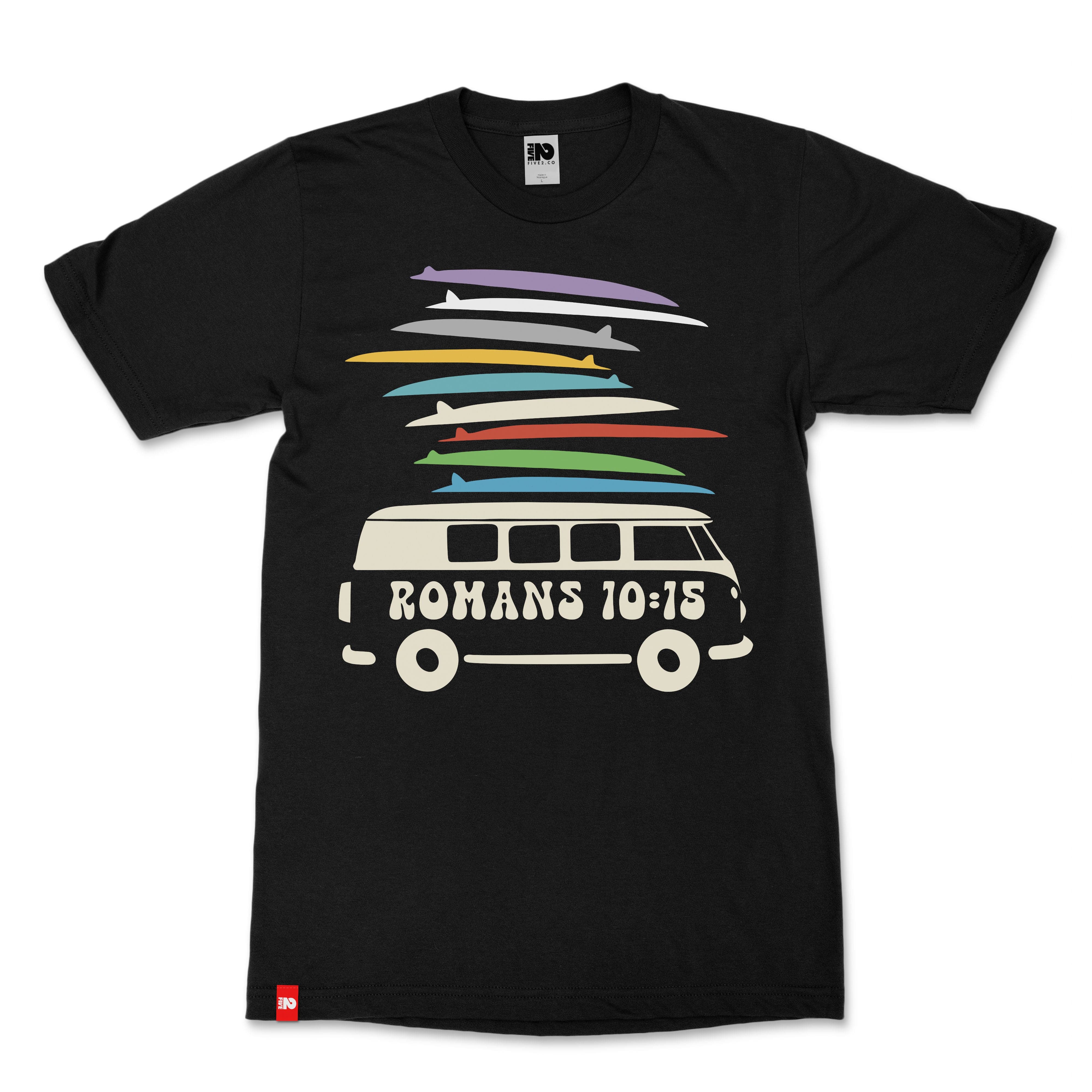 Bus and Boards Tee image 2 of 3, scripture-inspired Romans 10:15 back view