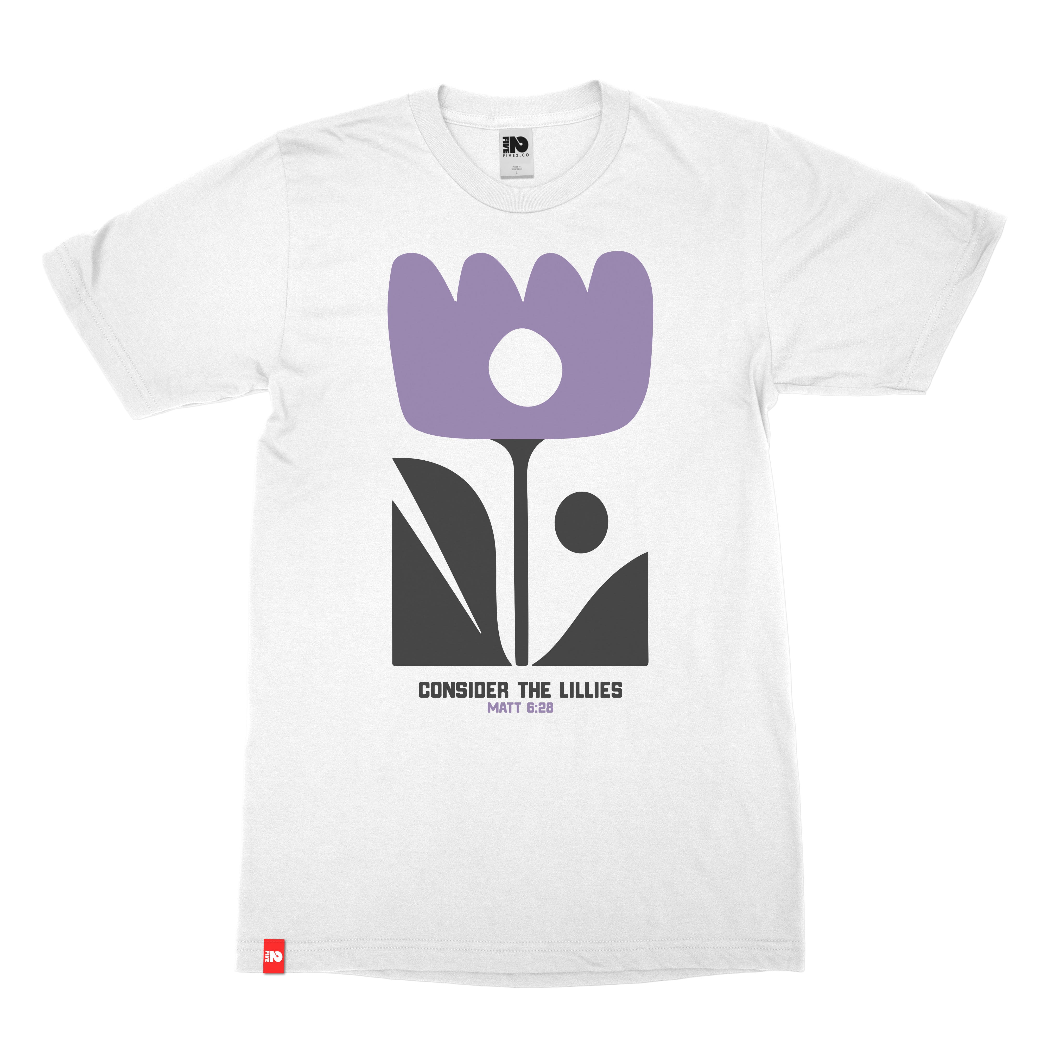 Consider the Lilies Tee in white with Matthew 6:28 floral front graphic
