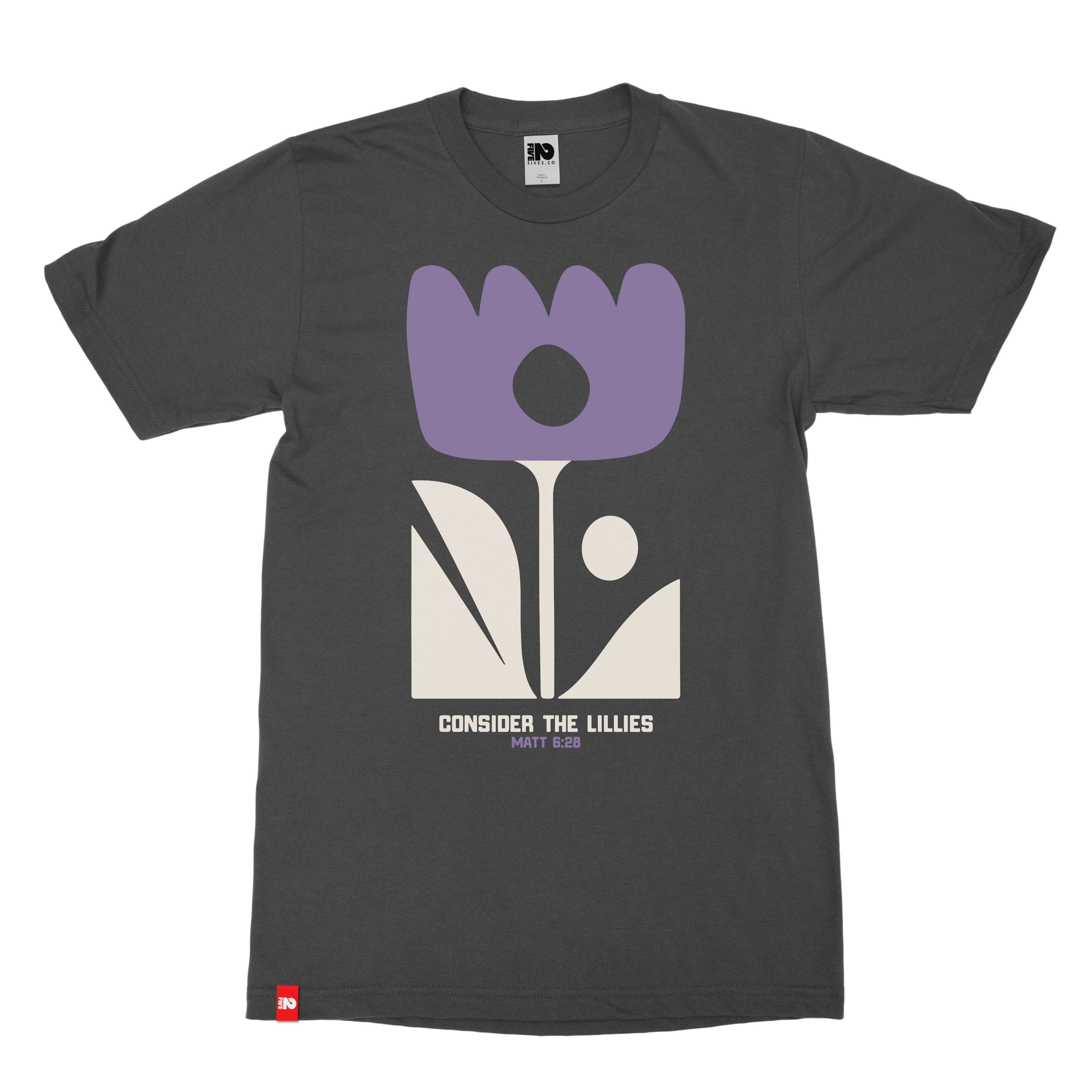 Consider the Lilies Tee in black with Matthew 6:28 floral front graphic