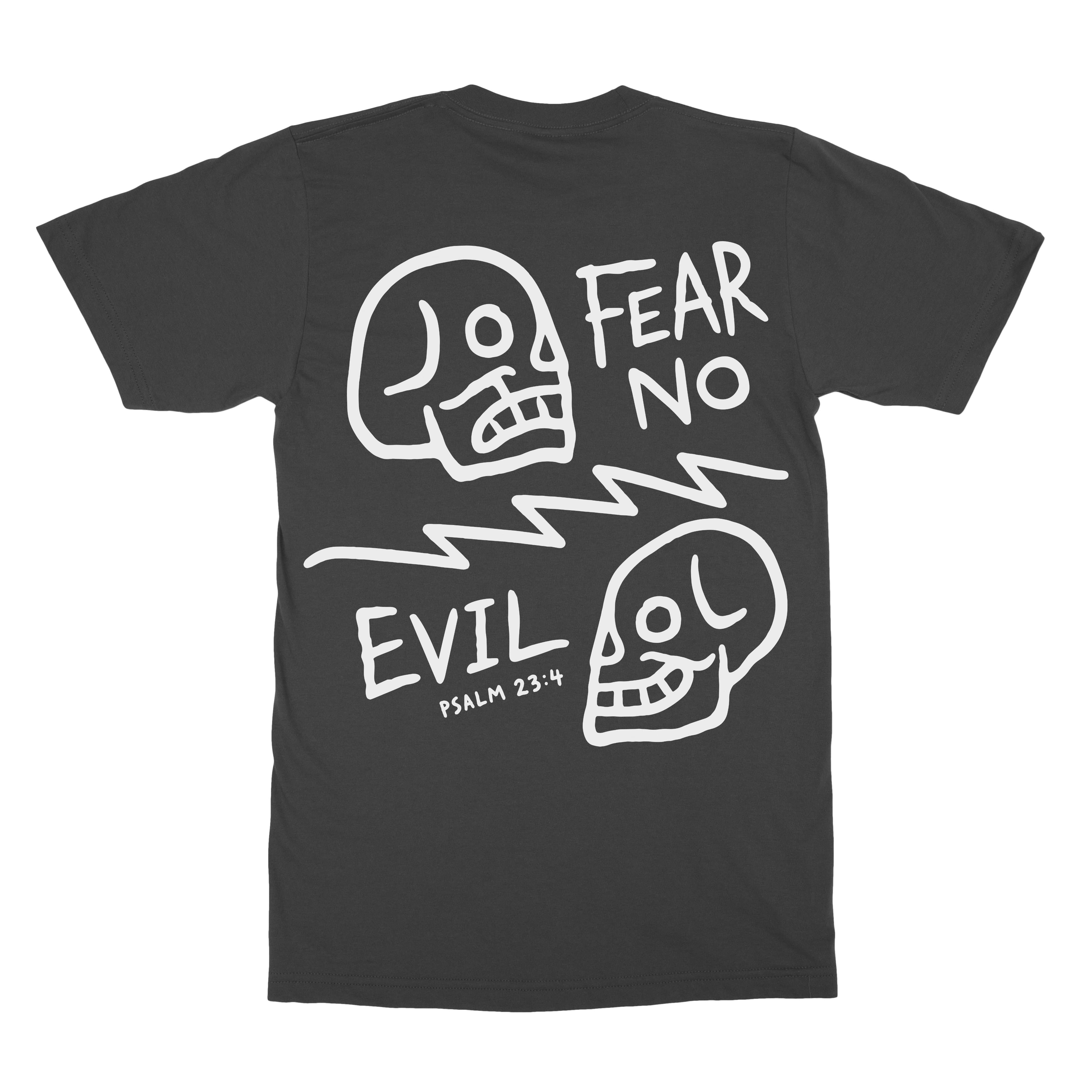 Fear No Evil Tee in black, back view with large Psalm 23:4 skull artwork