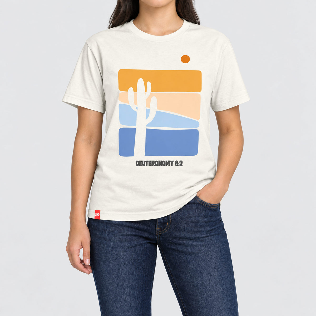 Front model view of the FIVE2 Desert Tee in Natural, with a cactus, orange sun, pastel landscape blocks and Deuteronomy 8:2.