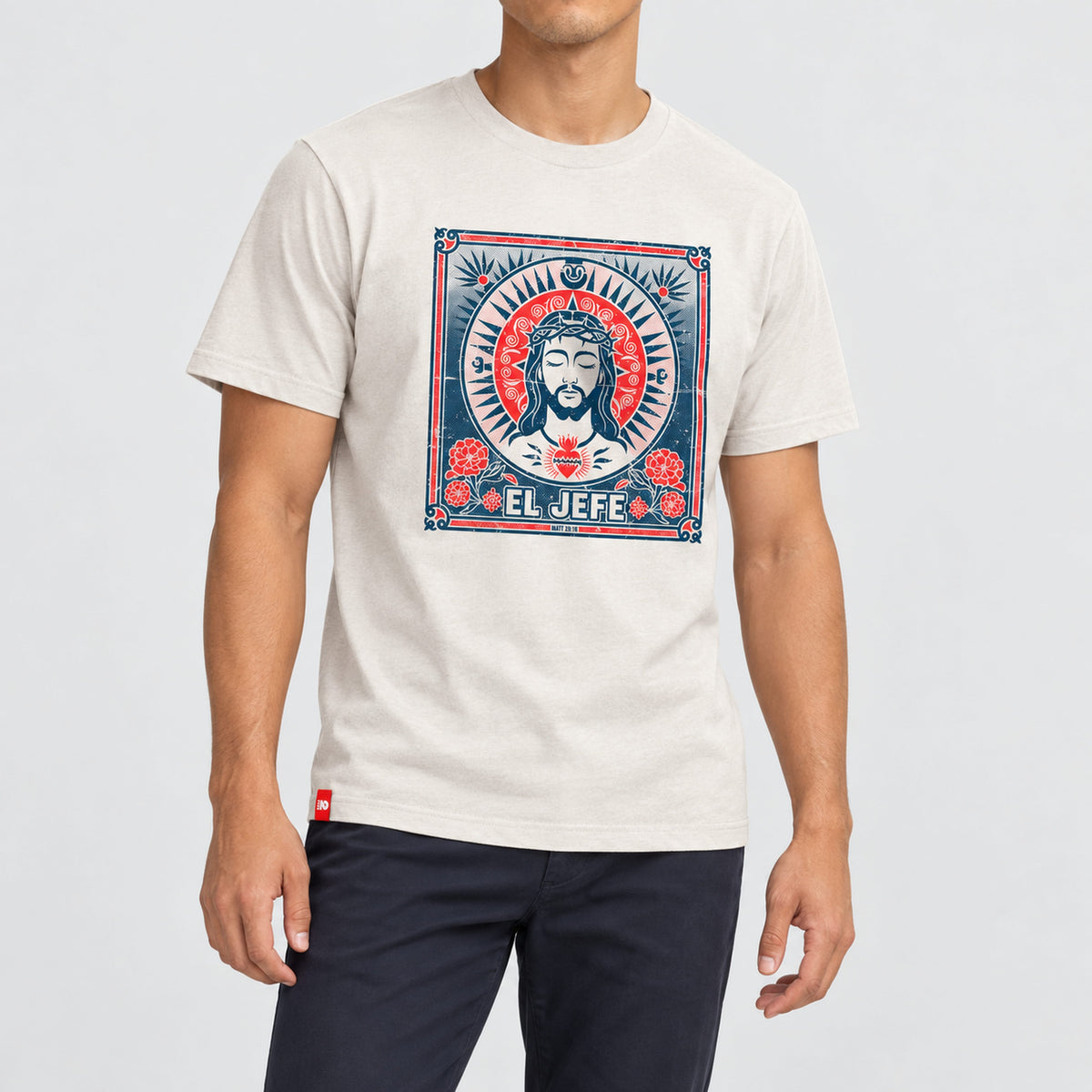 Front model view of the FIVE2 El Jefe Tee in Vintage White, with a navy and red portrait, roses and EL JEFE lettering.