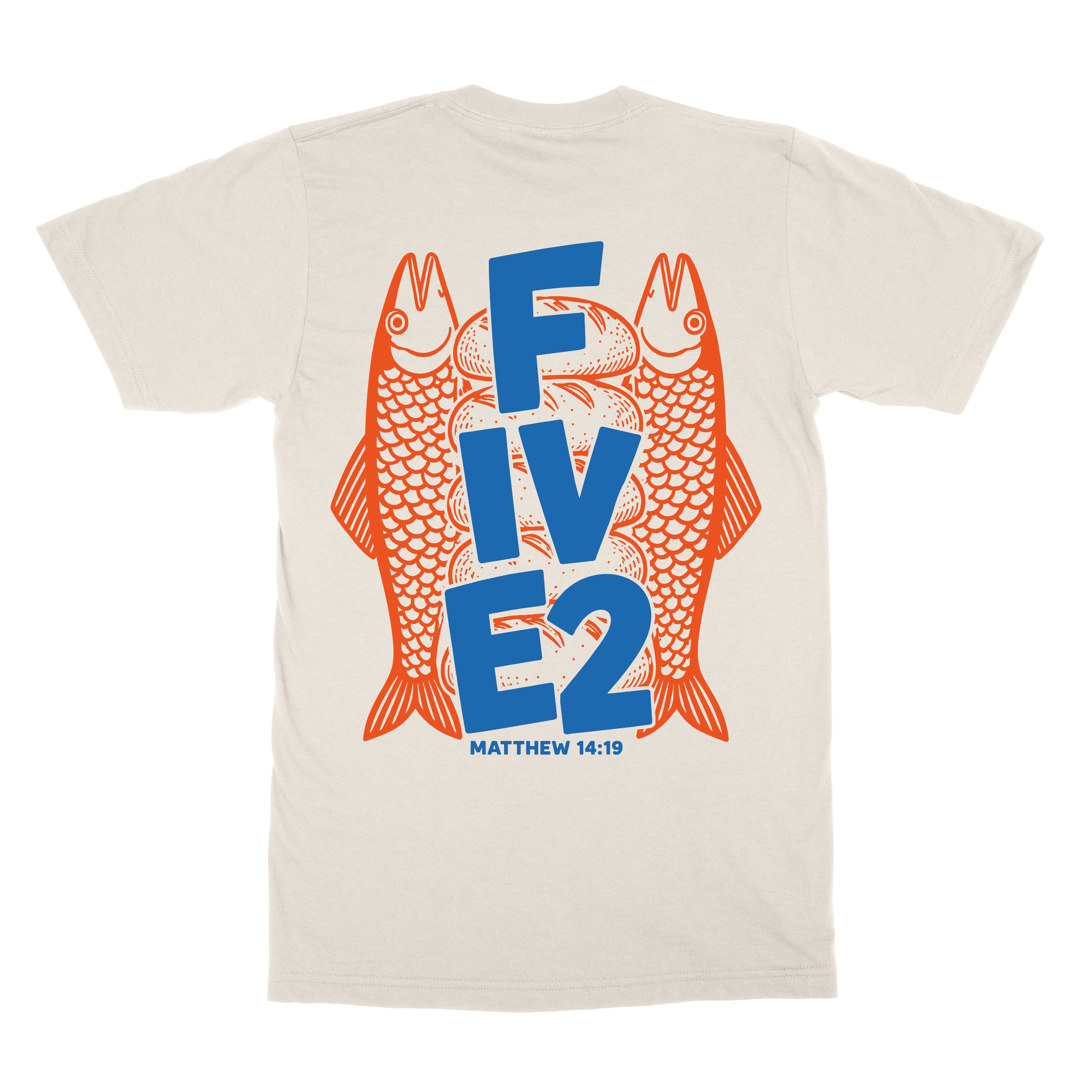 Fish + Loaves Tee in ecru, back view with five loaves and two fish artwork