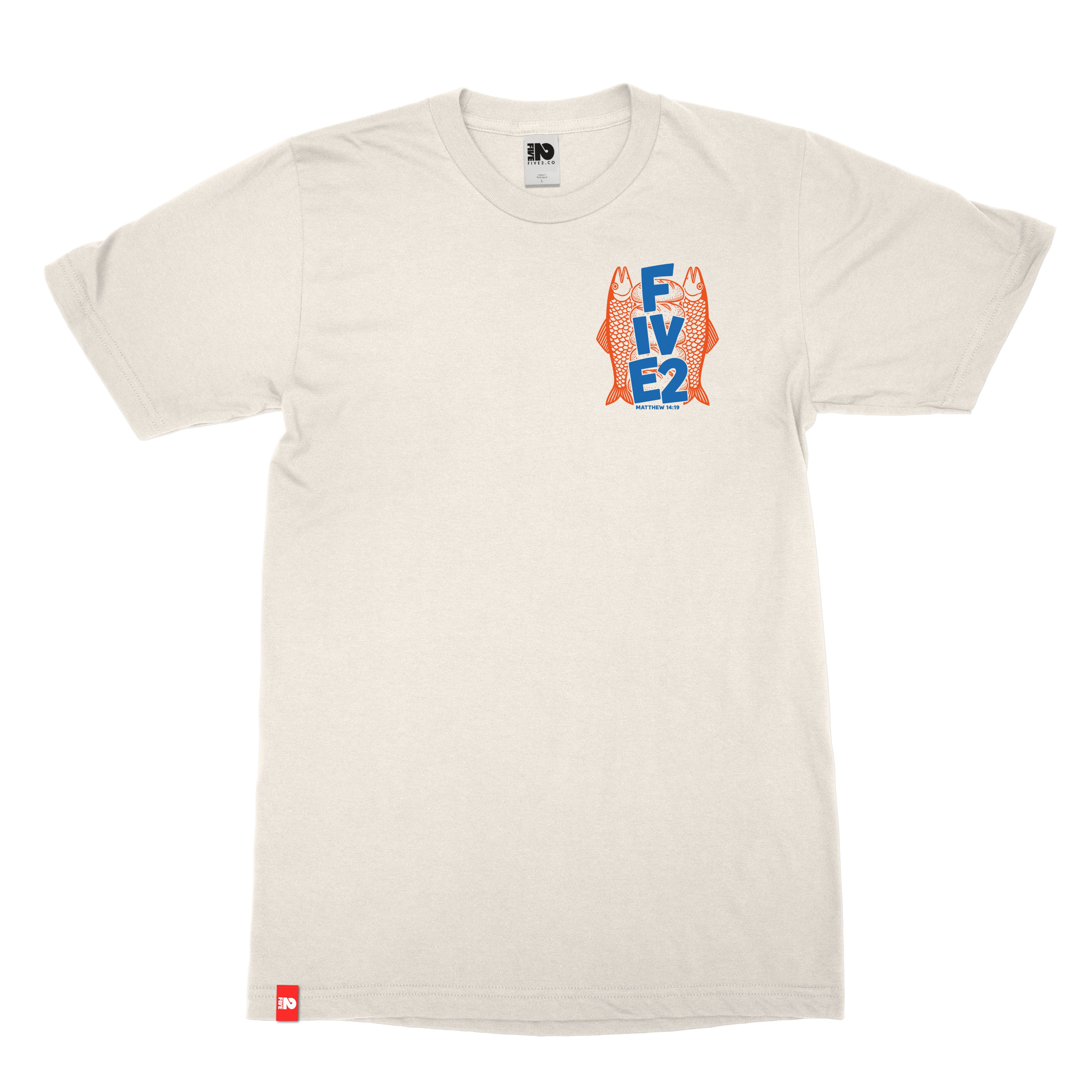 Fish + Loaves Tee in ecru, front view with Matthew 14:19 design