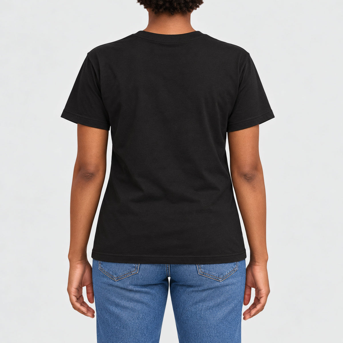 FIVE2 Salt and Light Tee in black, back model view showing plain unprinted fabric.