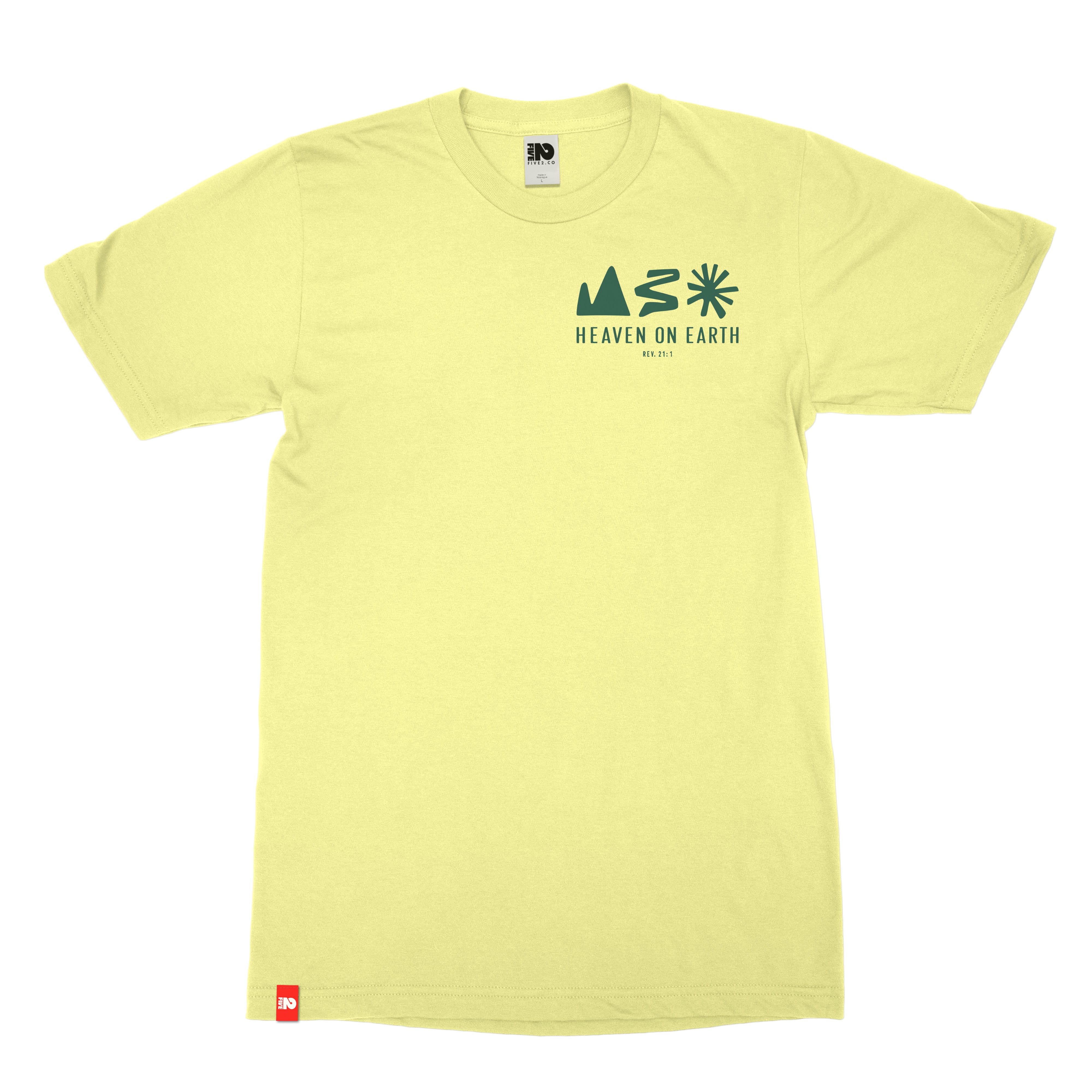 Heaven on Earth Tee in lemon, front view with Revelation 21:1 graphic