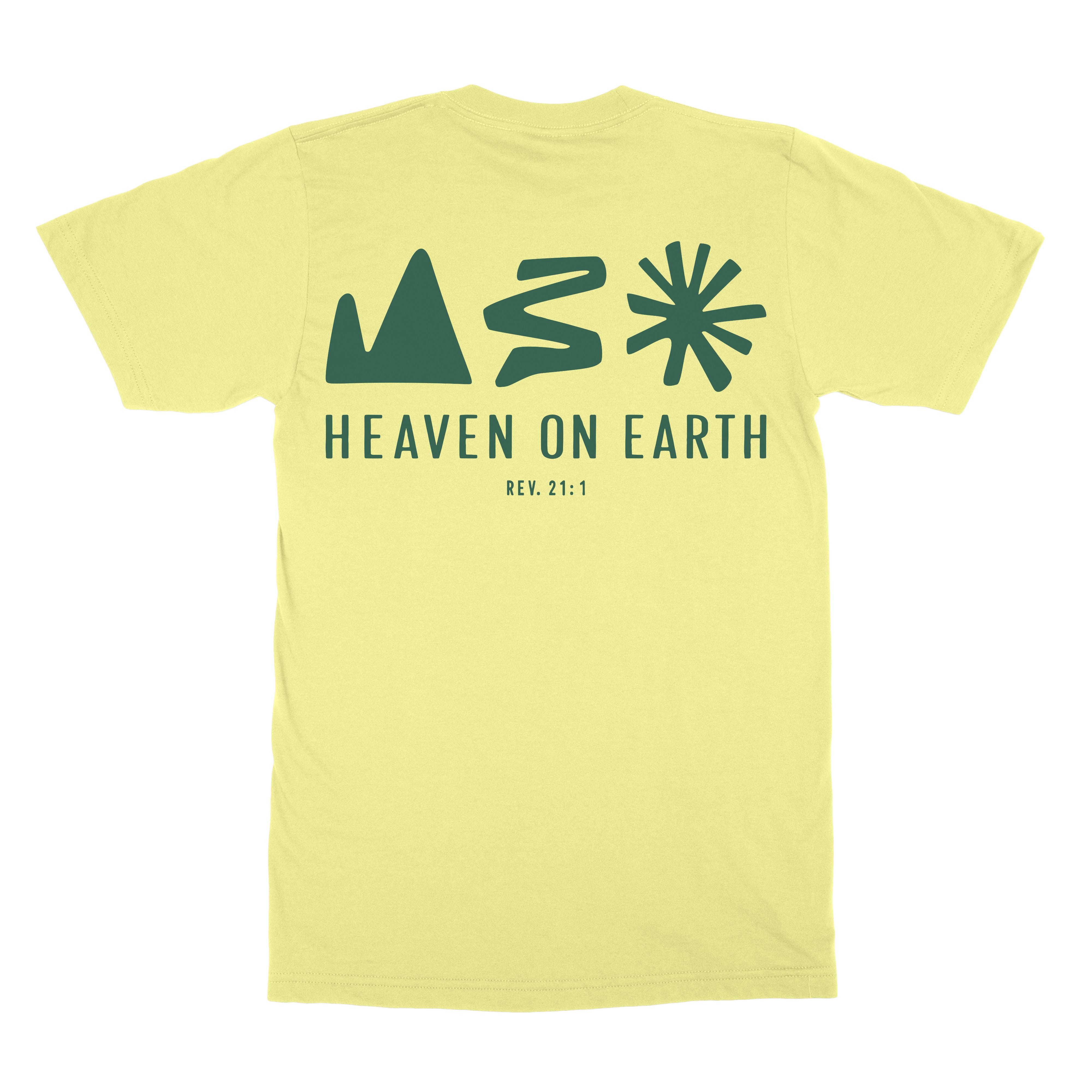 Heaven on Earth Tee in lemon, back view with new heaven and new earth artwork