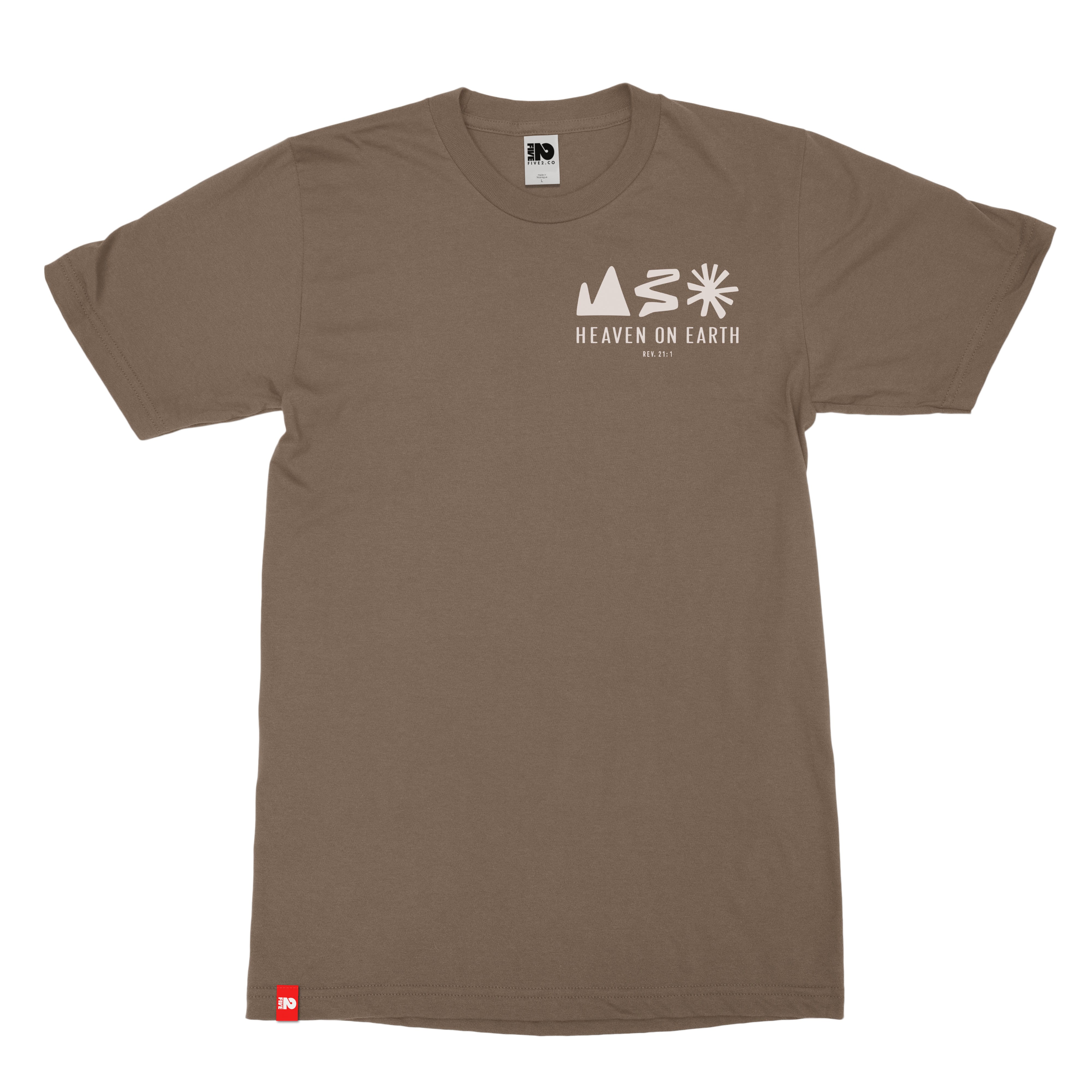 Heaven on Earth Tee in walnut, front view with new heaven and new earth artwork