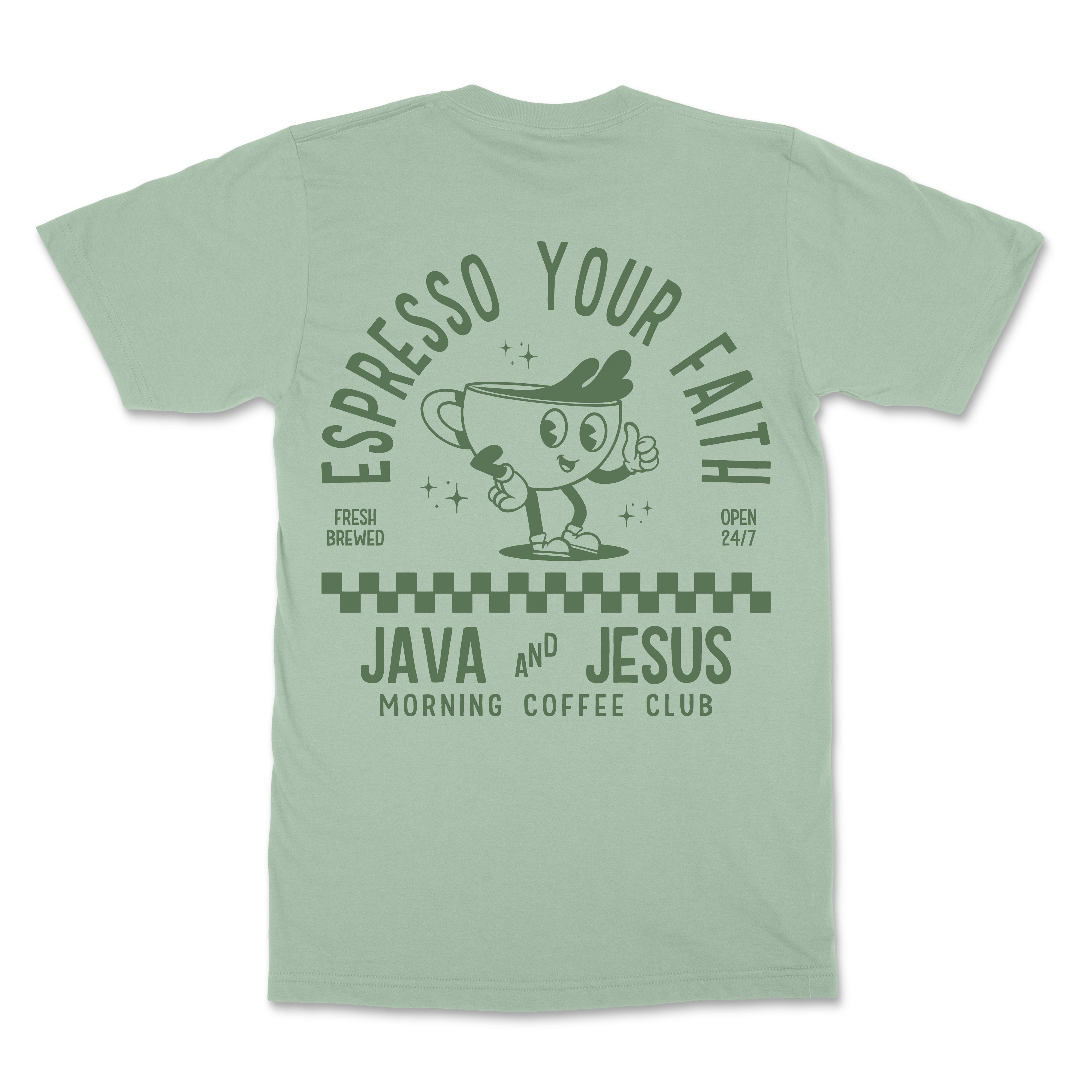 Java and Jesus Christian T-Shirt retro design with coffee cup and bold Christian streetwear style - back