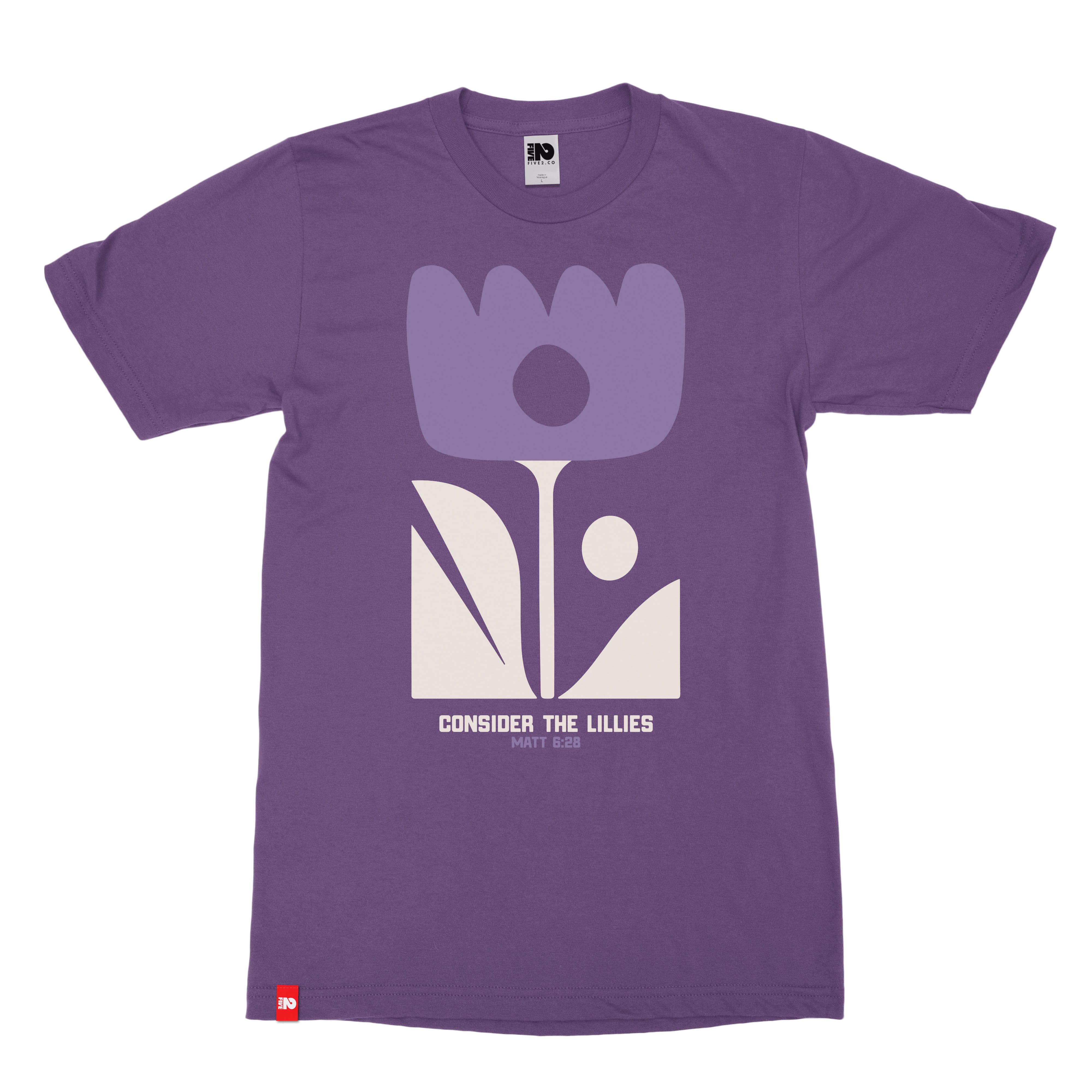Consider the Lilies Tee in purple with Matthew 6:28 floral front graphic