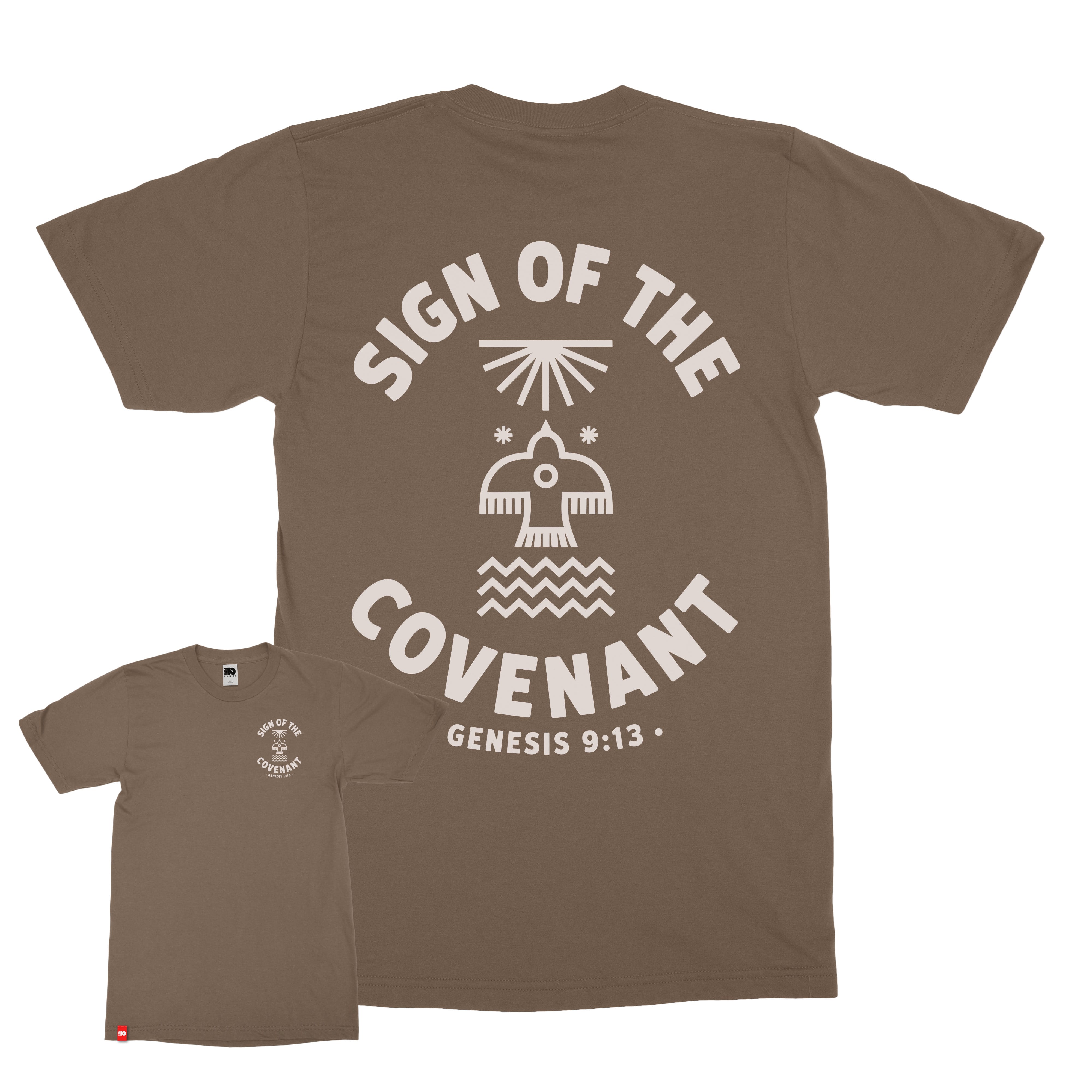 Covenant Tee in walnut with front and back Genesis 9:13 covenant graphic