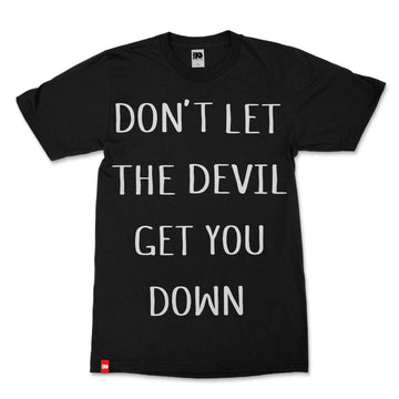 Don't Let the Devil Get You Down Tee, front product view, Revelation 12:11 faith-rooted graphic tee by FIVE2