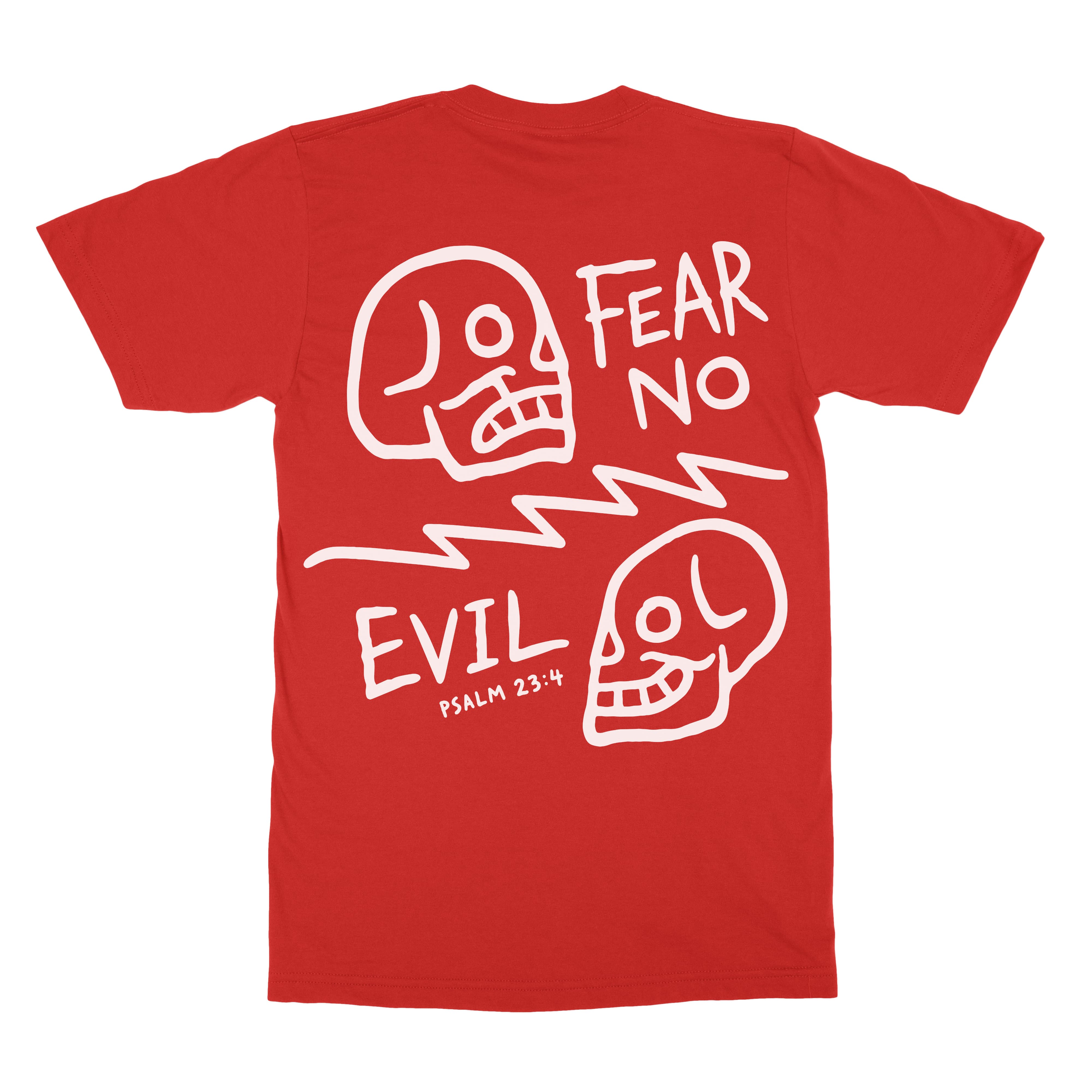 Fear No Evil Tee in red, back view with fear no evil Psalm 23:4 graphic