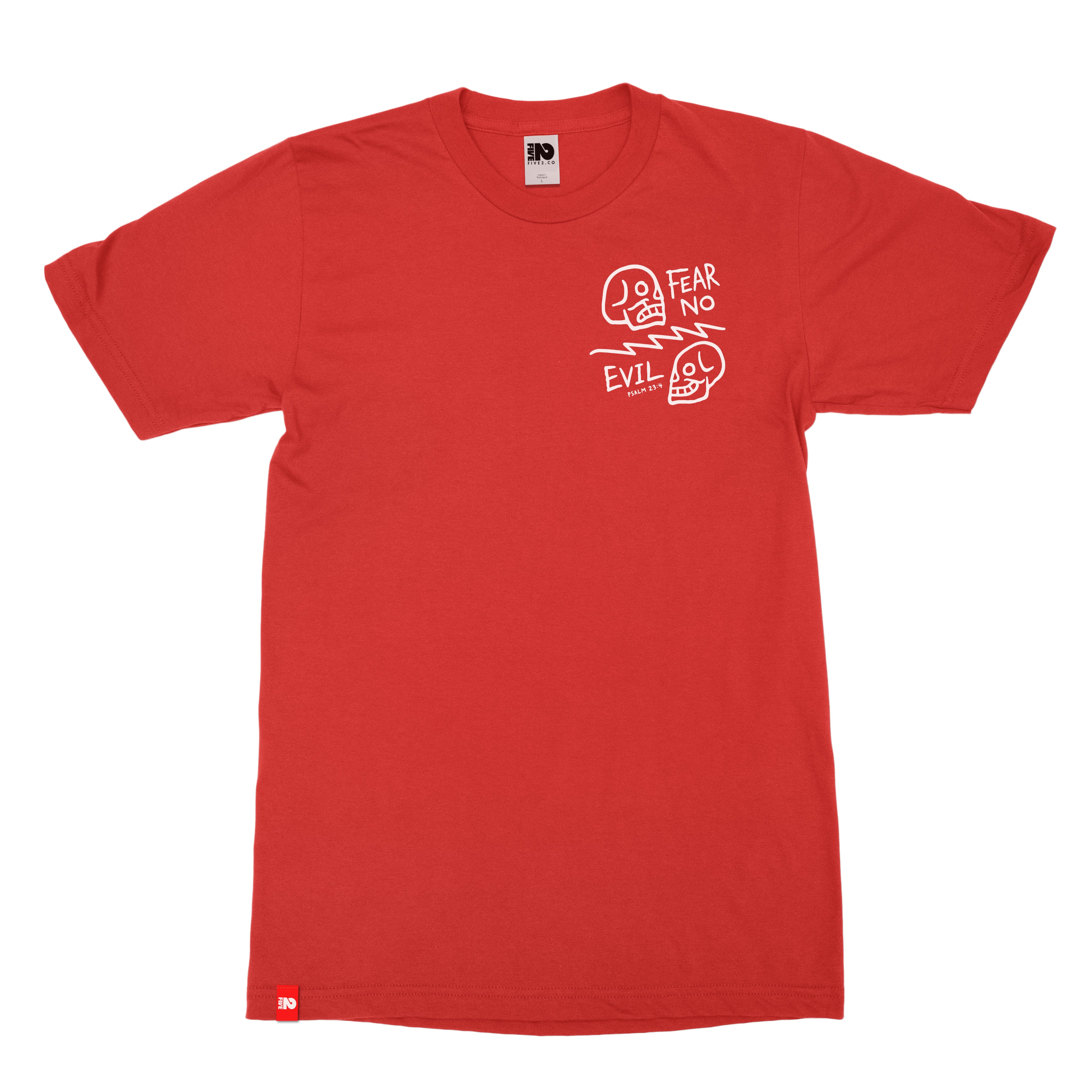 Fear No Evil Tee in red, front view with Psalm 23:4 chest artwork