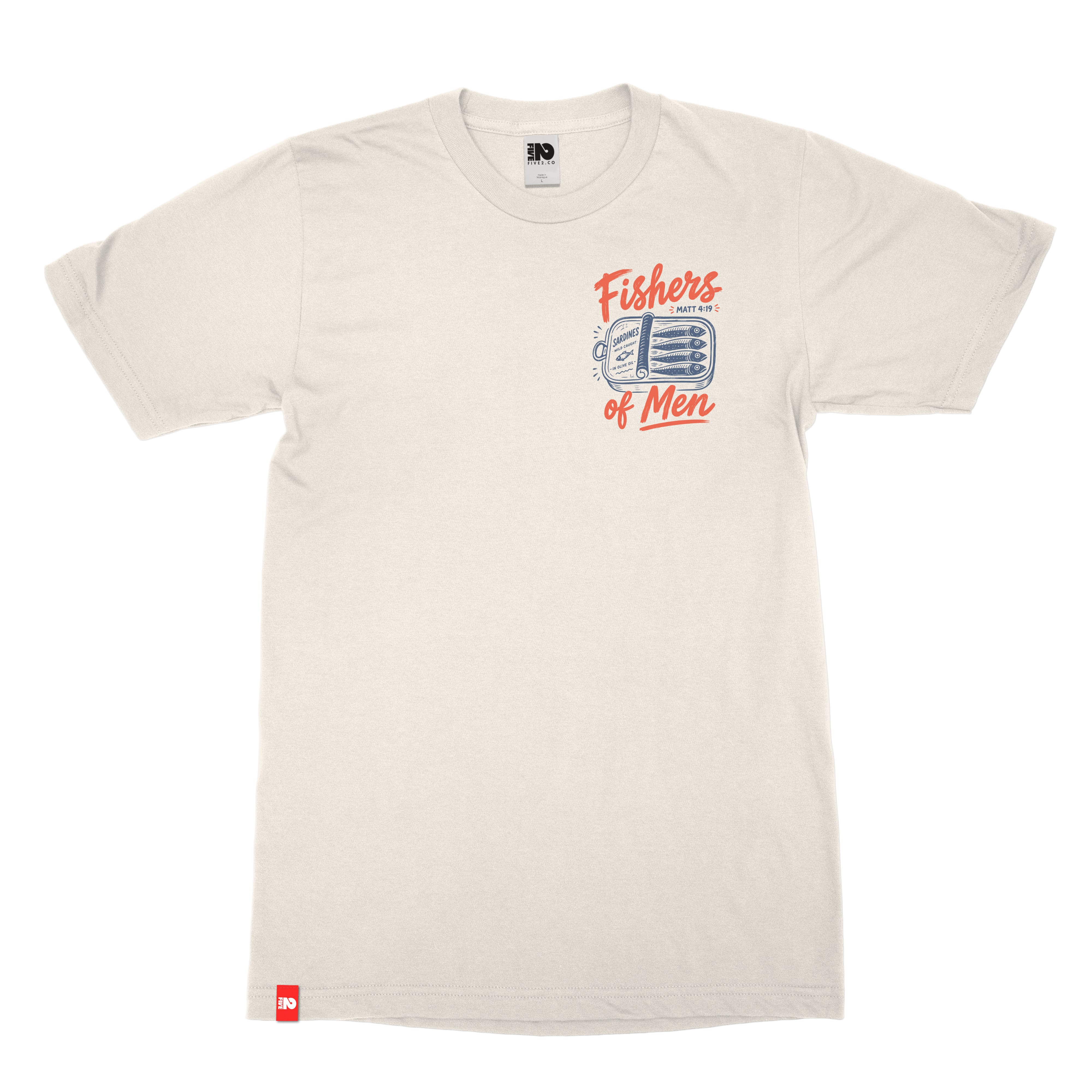 Fishers of Men Tee in white, front view with Matthew 4:19 design