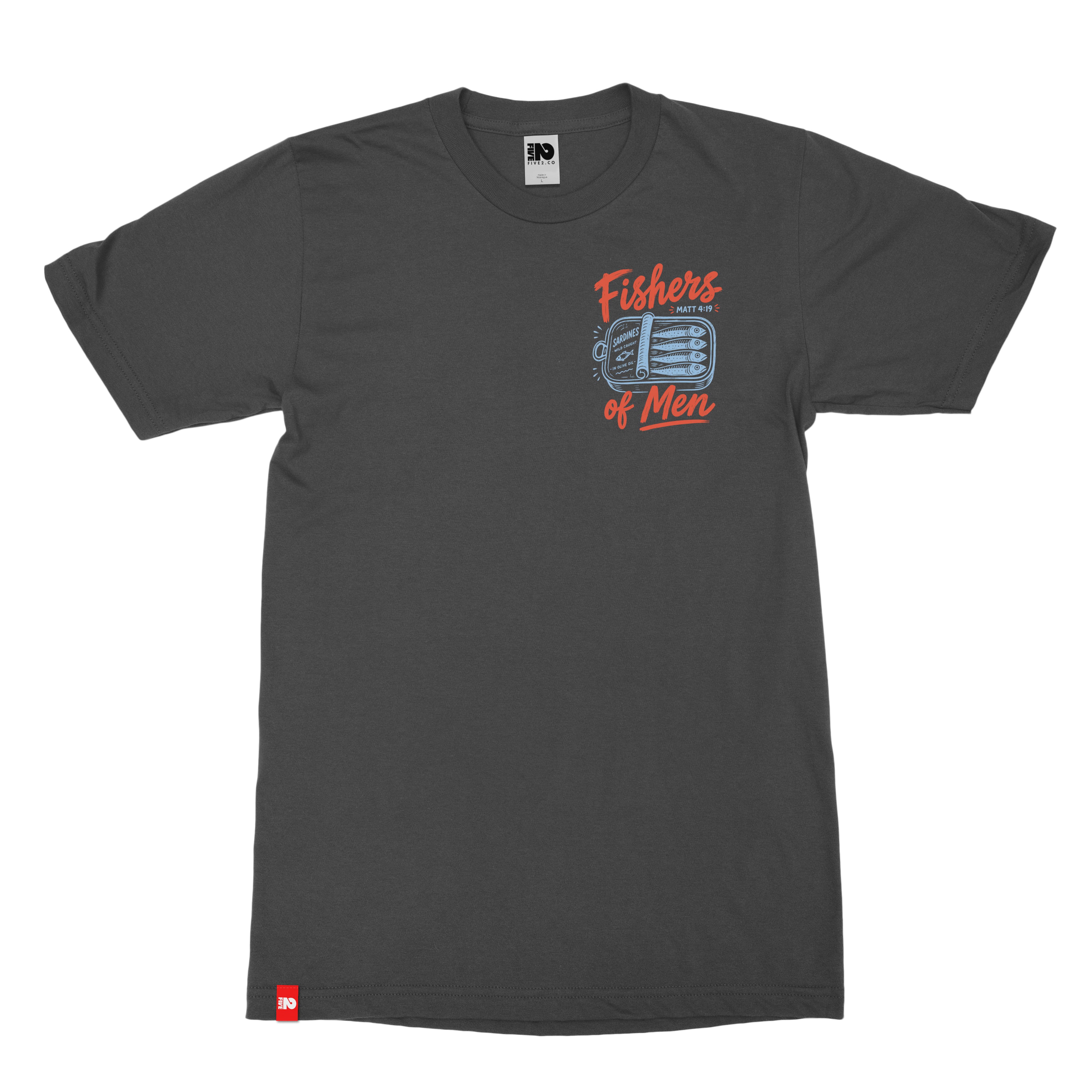 Fishers of Men Tee in black, front view with Matthew 4:19 artwork