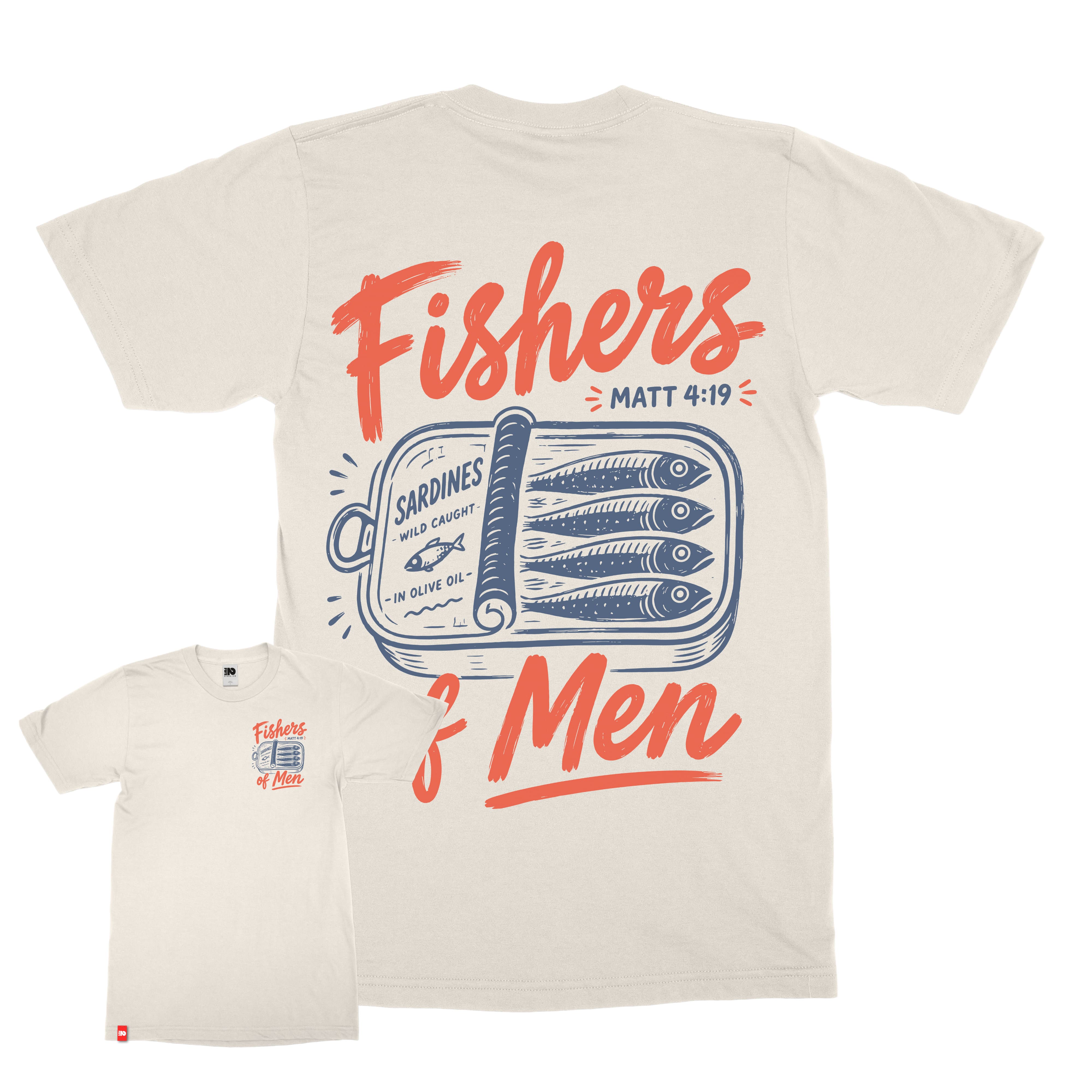 Fishers of Men Tee in white with front and back Matthew 4:19 coastal graphic