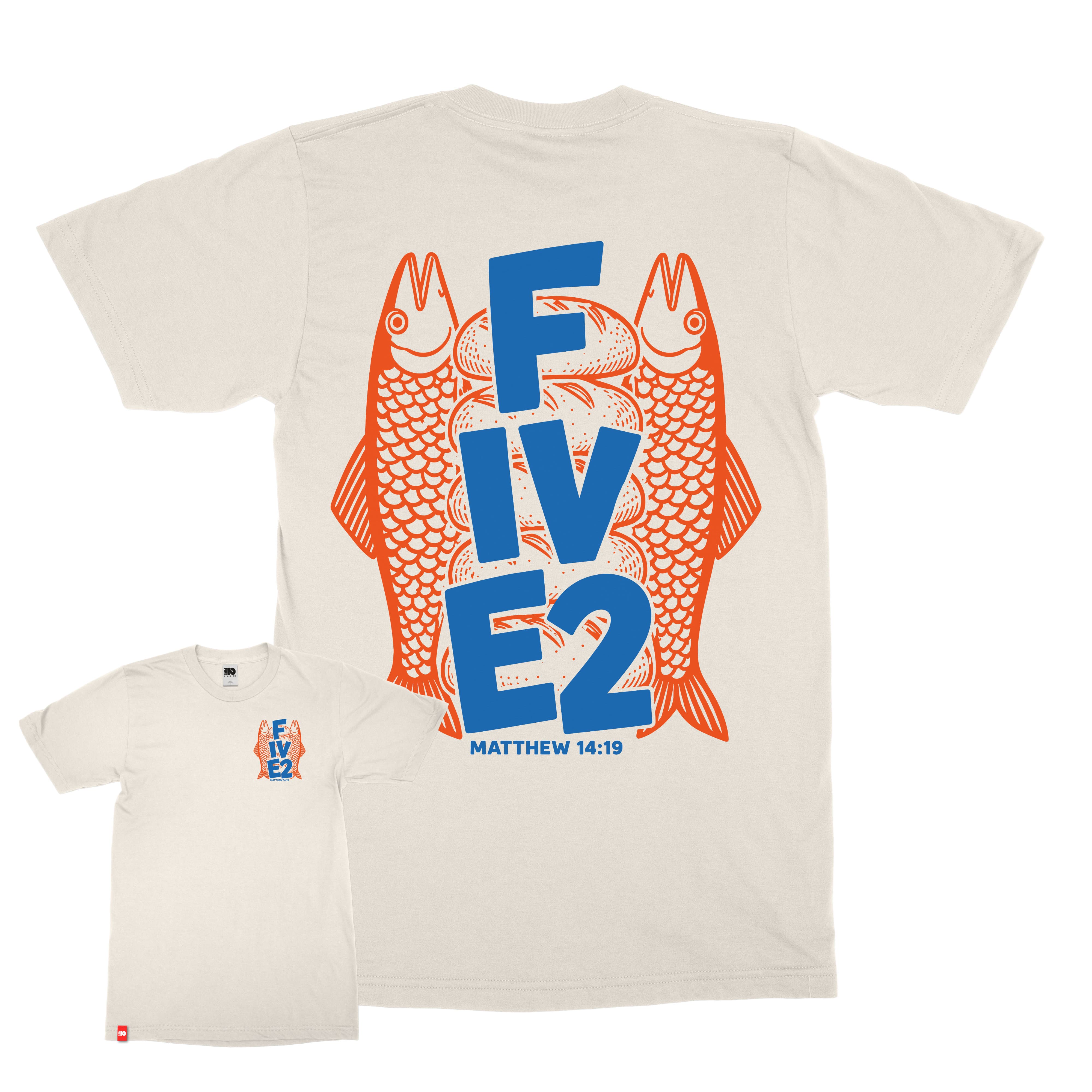 Fish + Loaves Tee in ecru with front and back Matthew 14:19 graphic