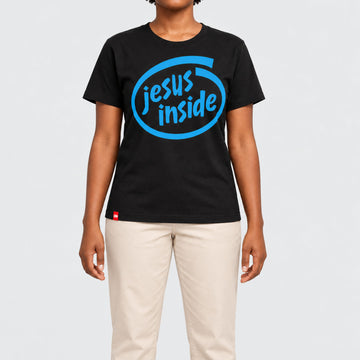 FIVE2 Jesus Inside Tee in black, front model view with blue lowercase jesus inside lettering inside an open oval.