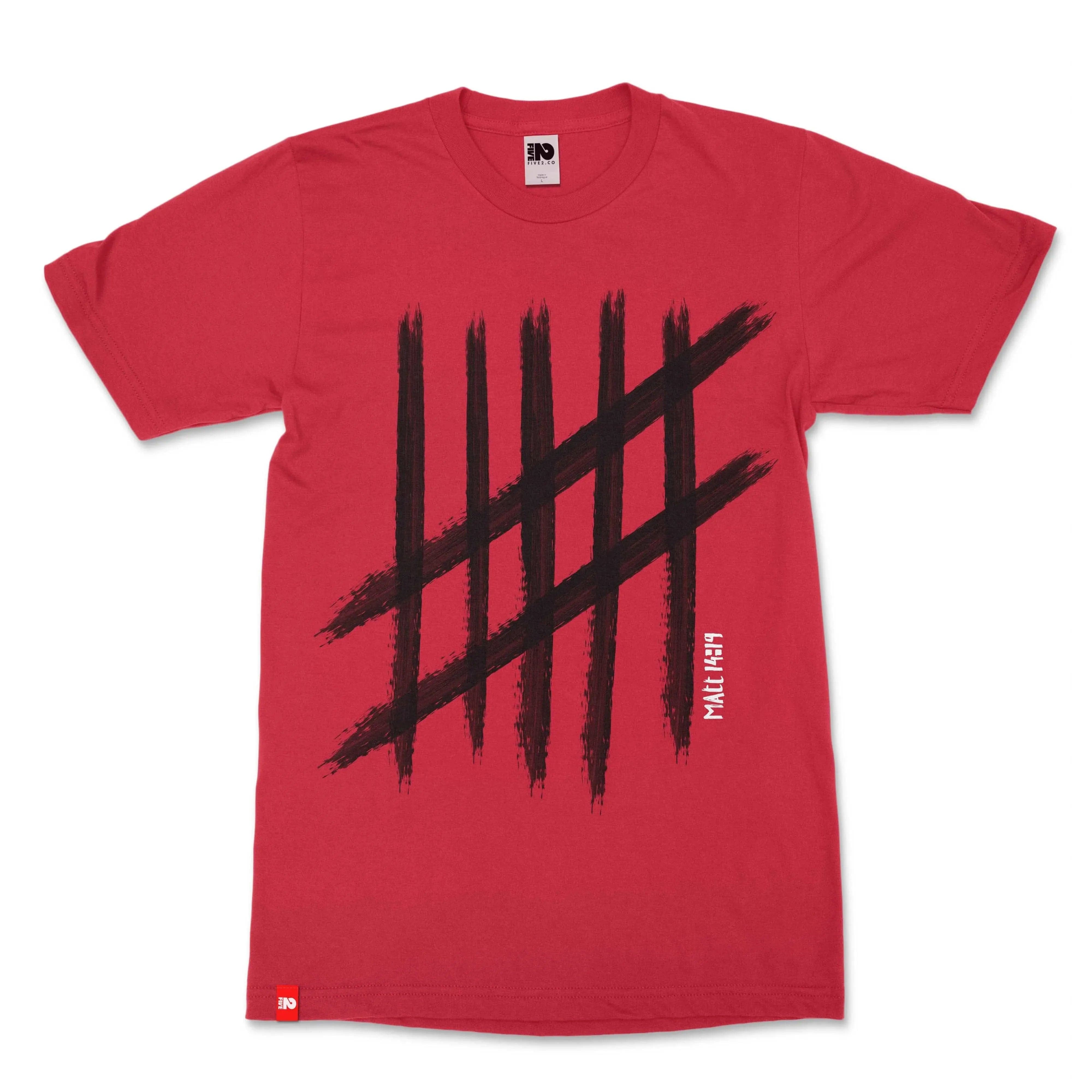 FIVE2 Slash Tee in red, front view with tally-mark graphic and Matthew 14:19 reference