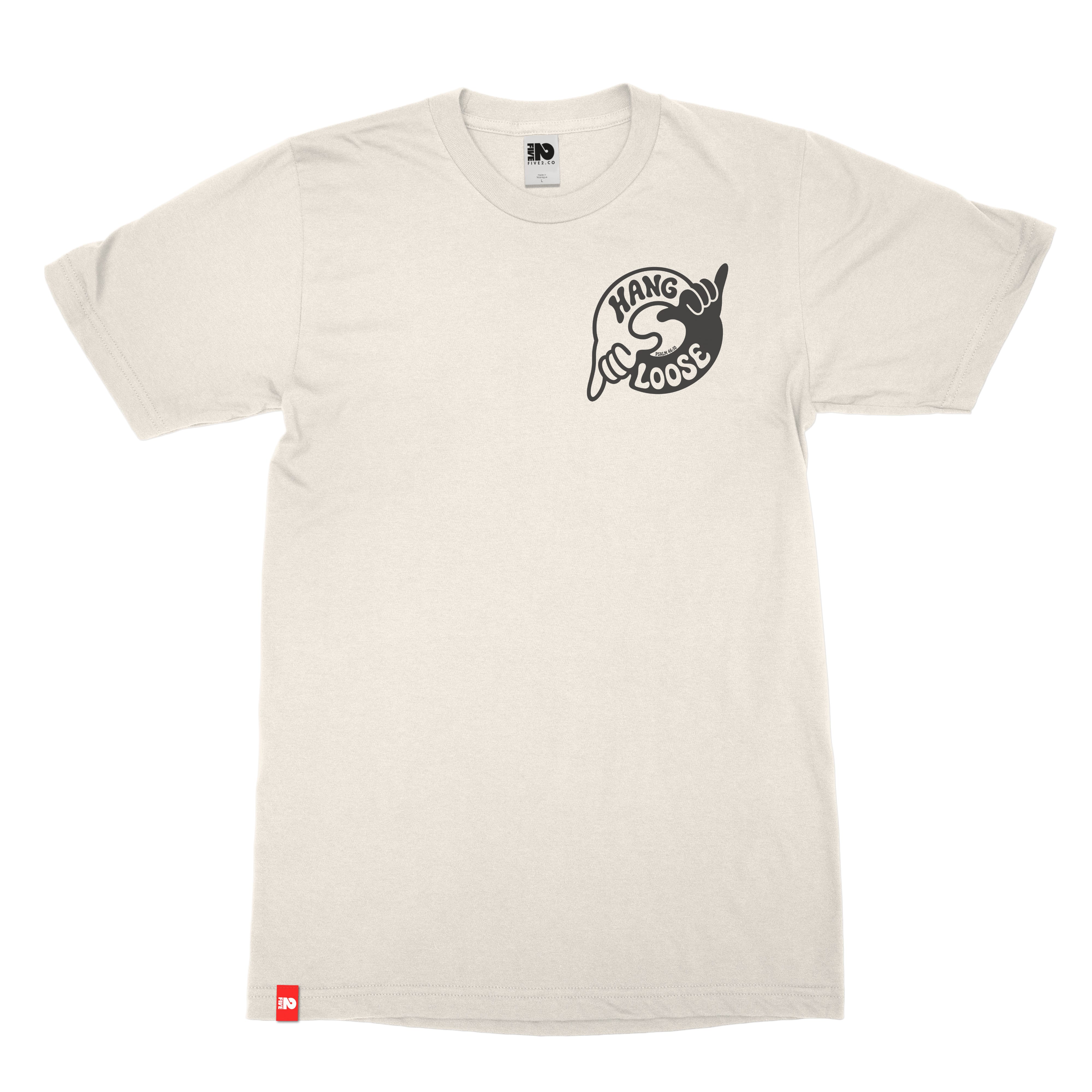 Hang Loose Tee in bone, front view with relaxed Hang Loose artwork