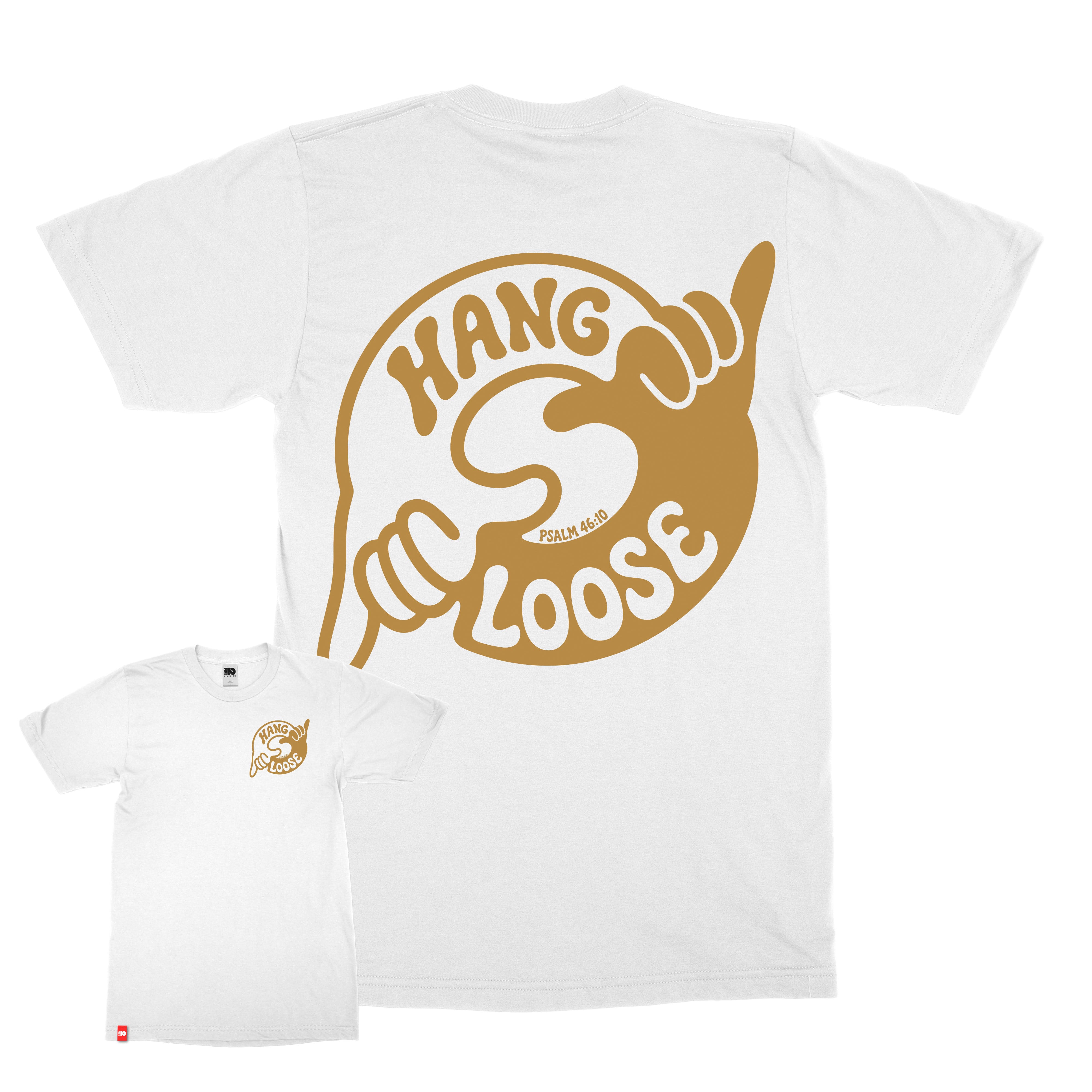 Hang Loose Tee in white with front and back Psalm 46:10 coastal graphic