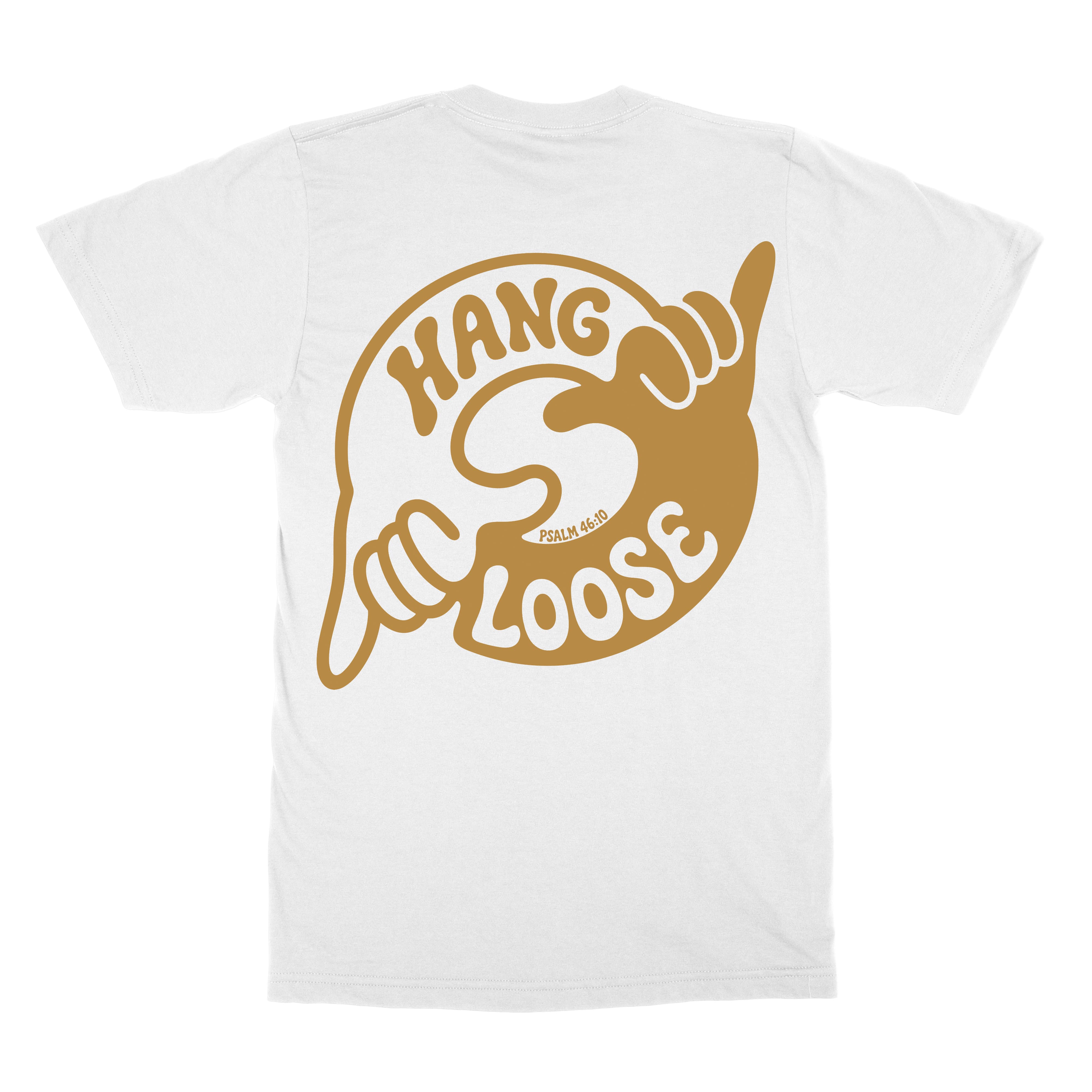 Hang Loose Tee in white, back view with relaxed coastal artwork