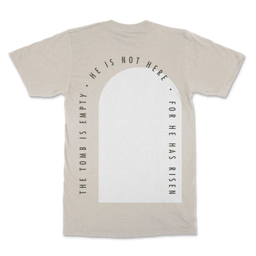 He Is Not Here Tee, front product view, Luke 24:5-7 faith-rooted graphic tee by FIVE2