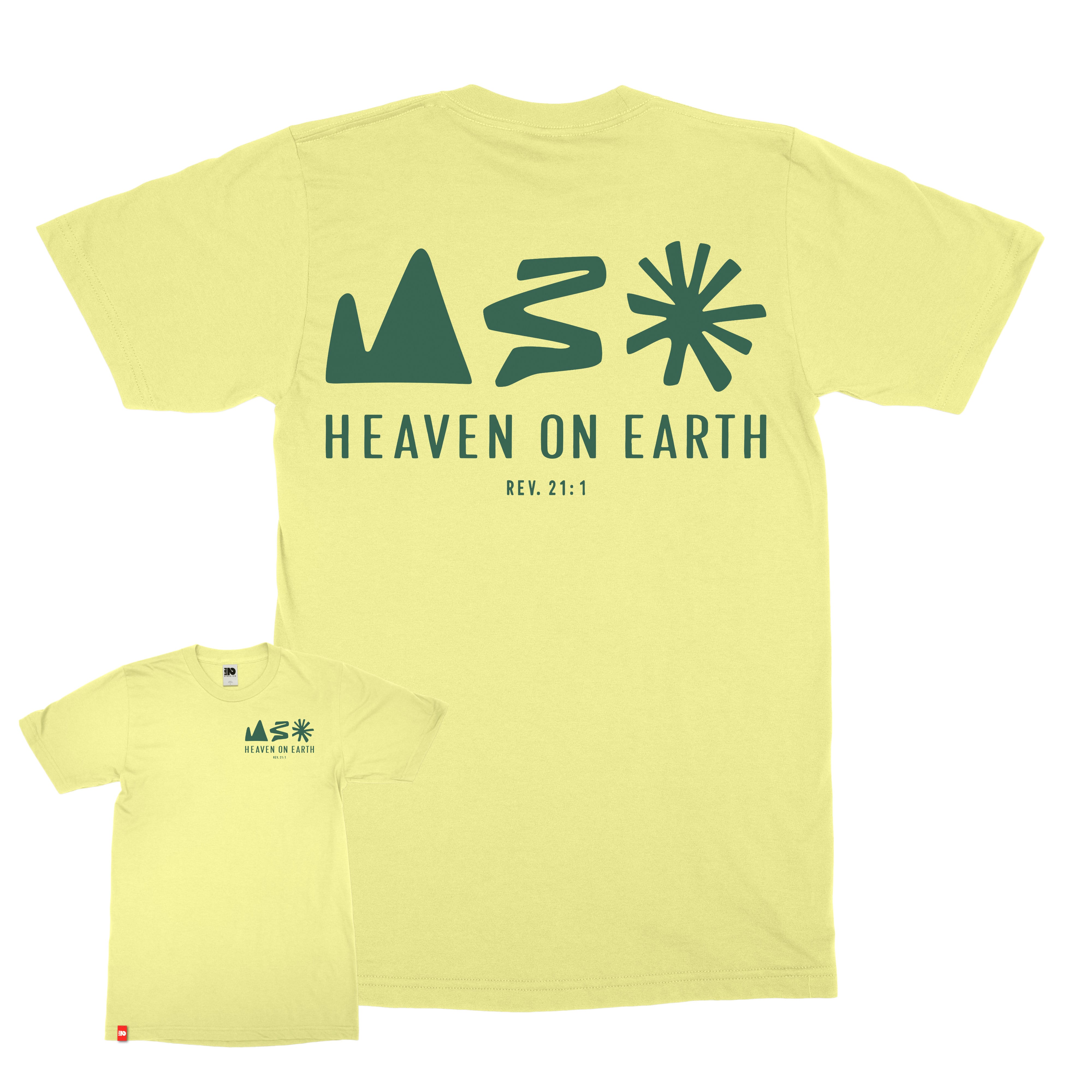Heaven on Earth Tee in lemon with front and back Revelation 21:1 graphic