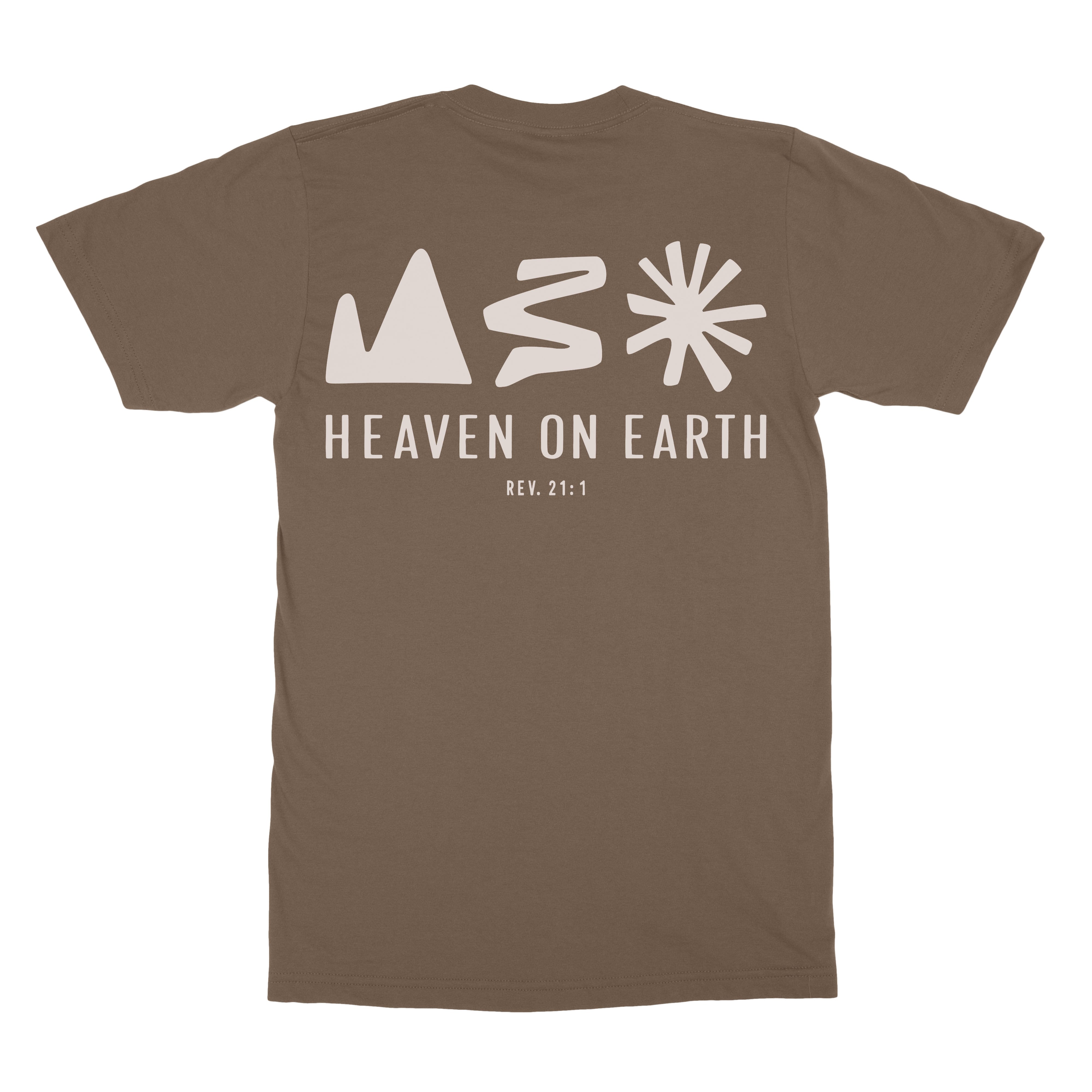 Heaven on Earth Tee in walnut with front and back Revelation 21:1 graphic