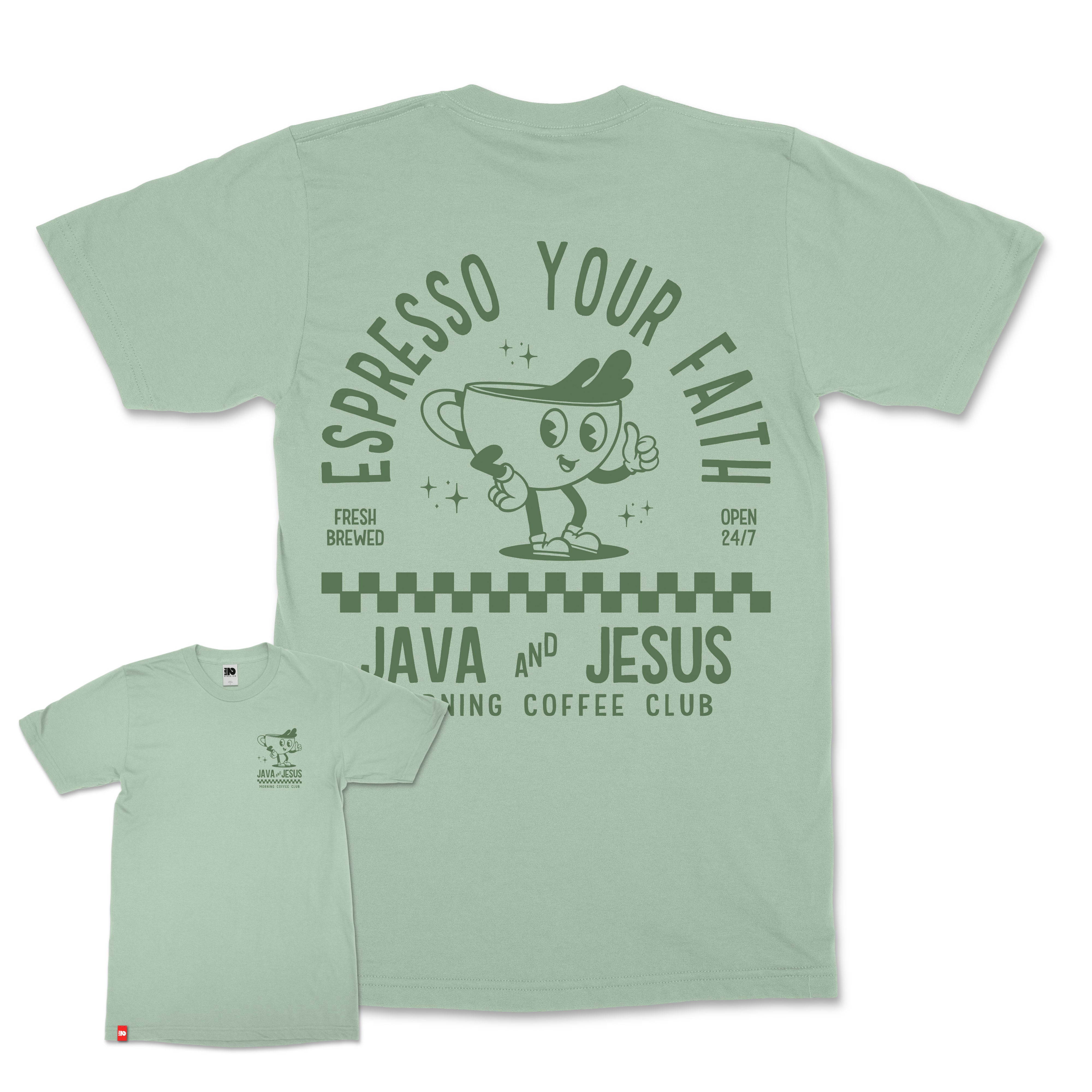 Java and Jesus Christian T-Shirt retro design with coffee cup and bold Christian streetwear style - front / back
