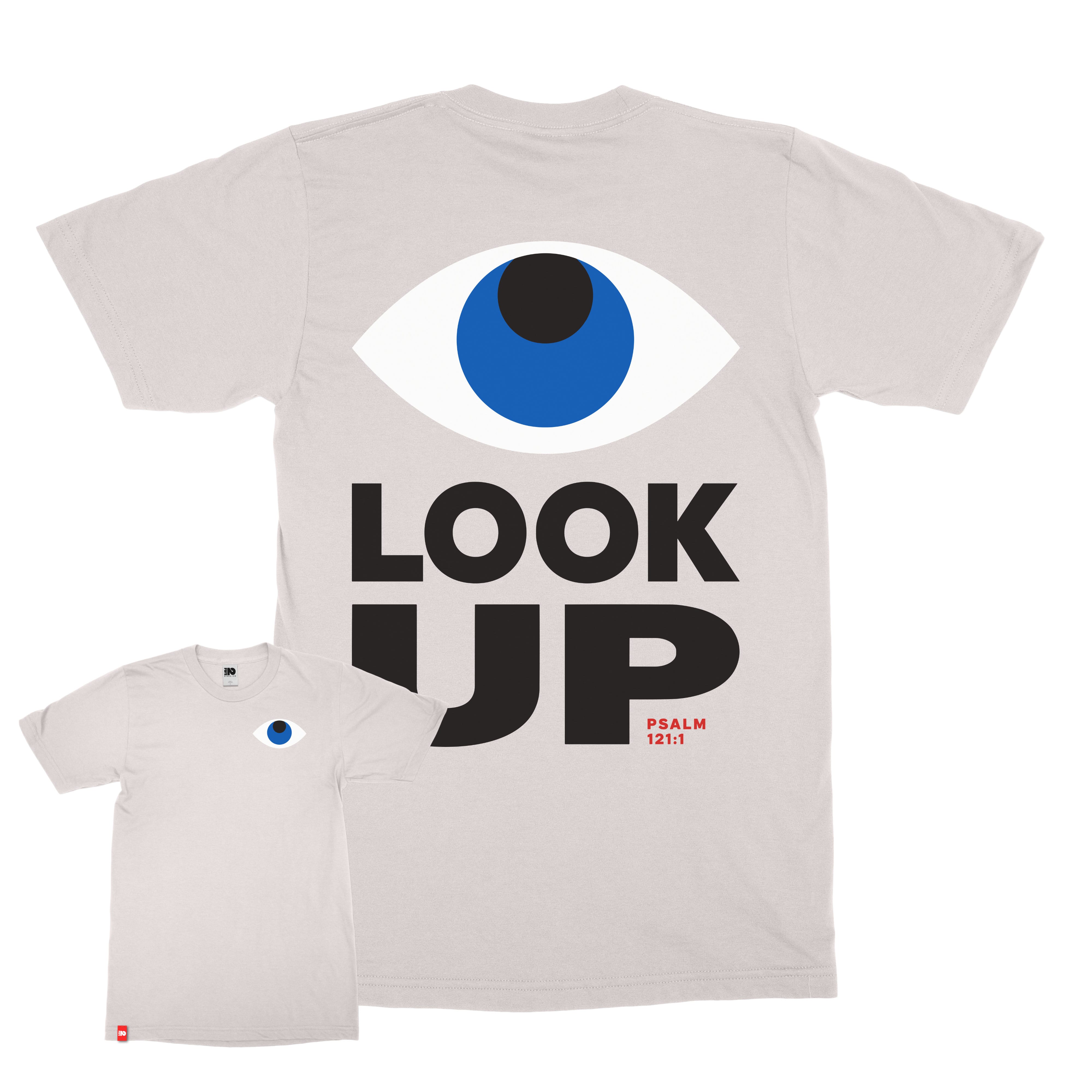 Look Up Tee Christian T-shirt inspired by Psalm 121:1, primary front and back product view in Bone