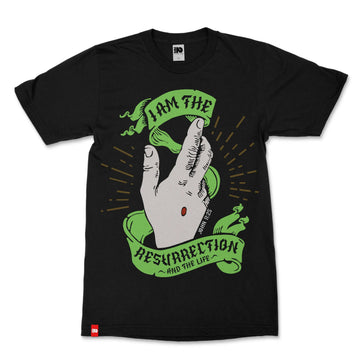 Resurrection Christian T-shirt image 1 of 3, scripture-inspired John 11:25 product view