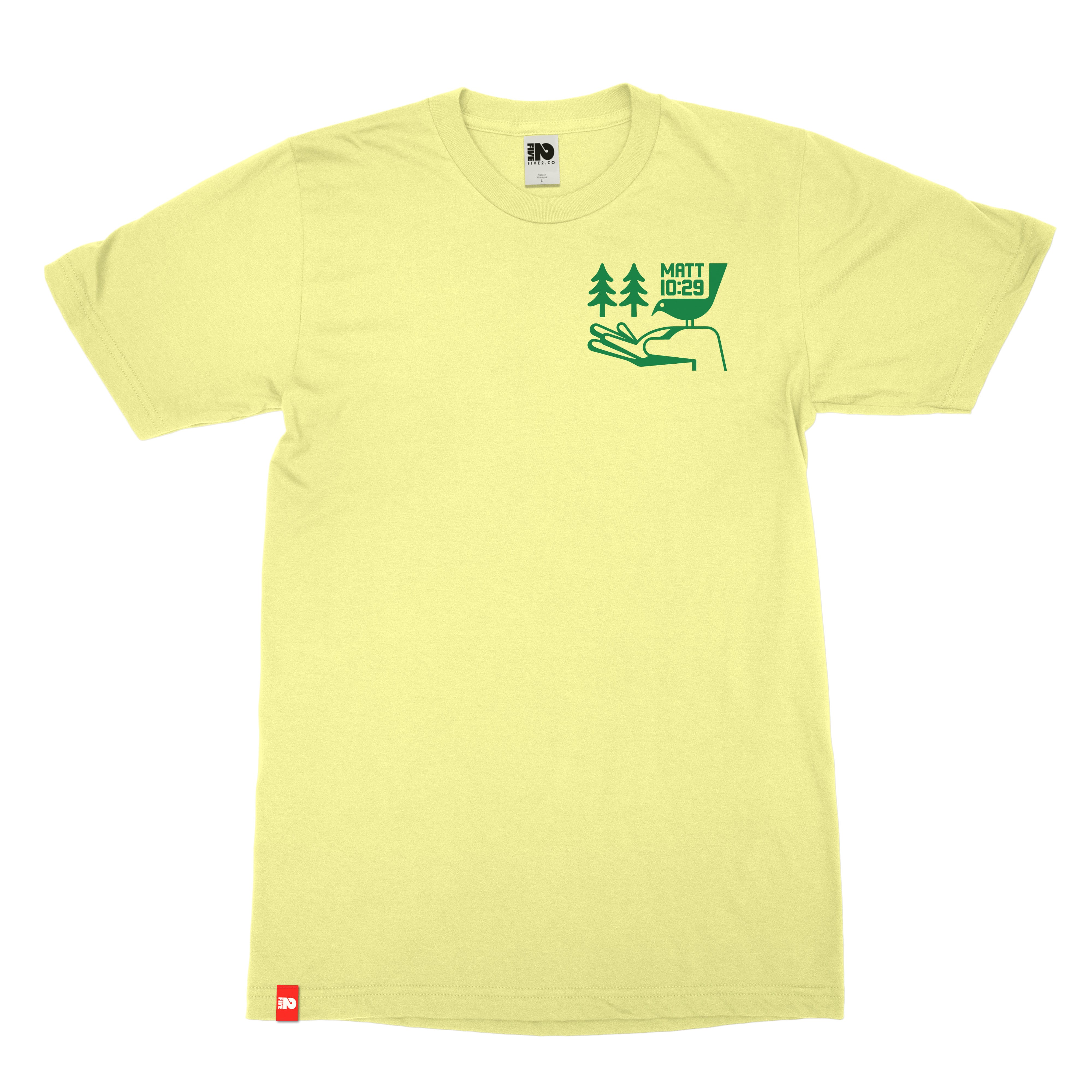 Sparrows Tee front graphic with bird-in-hand design and Matthew 10:29 reference