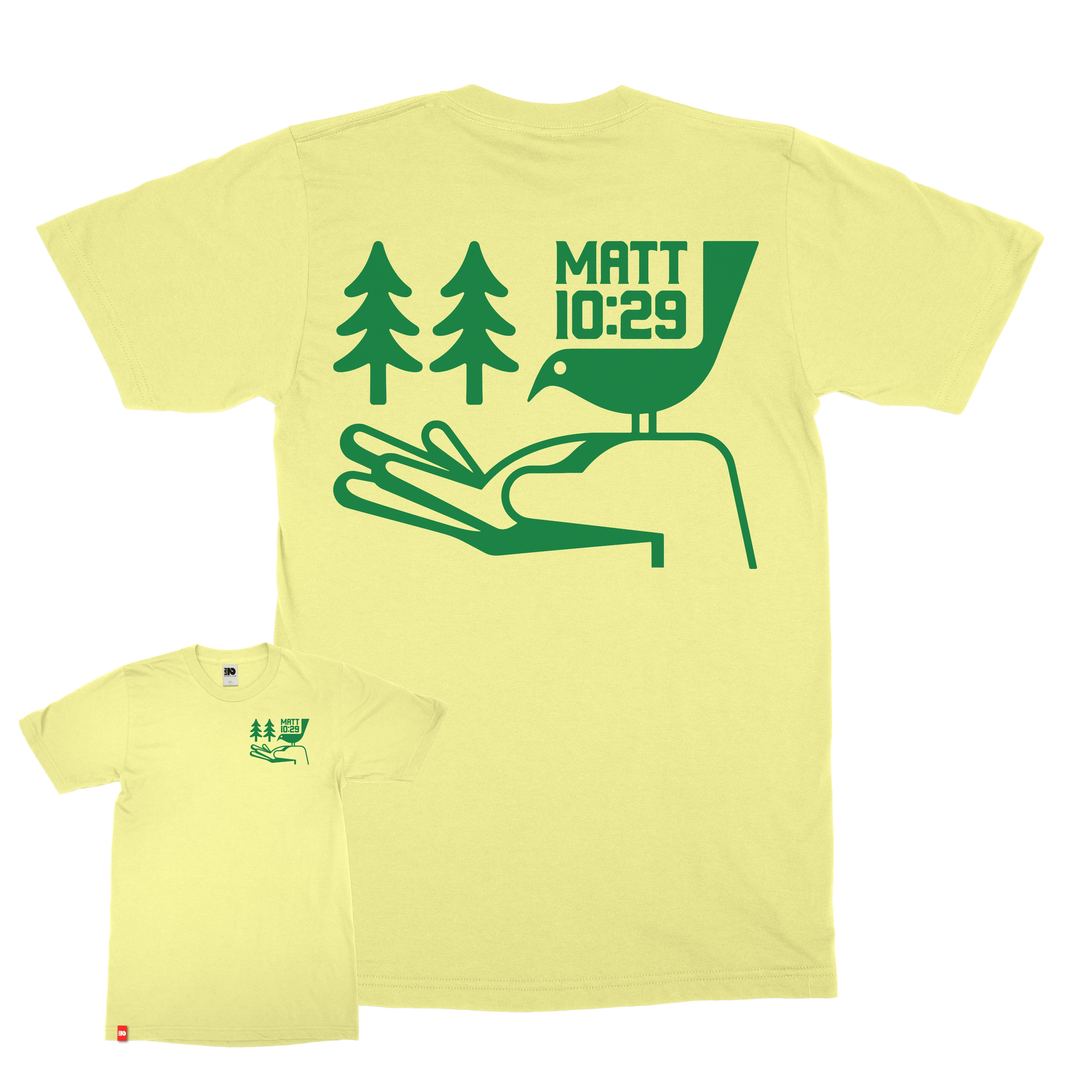 Sparrows Tee with Matthew 10:29 bird-in-hand front and back artwork