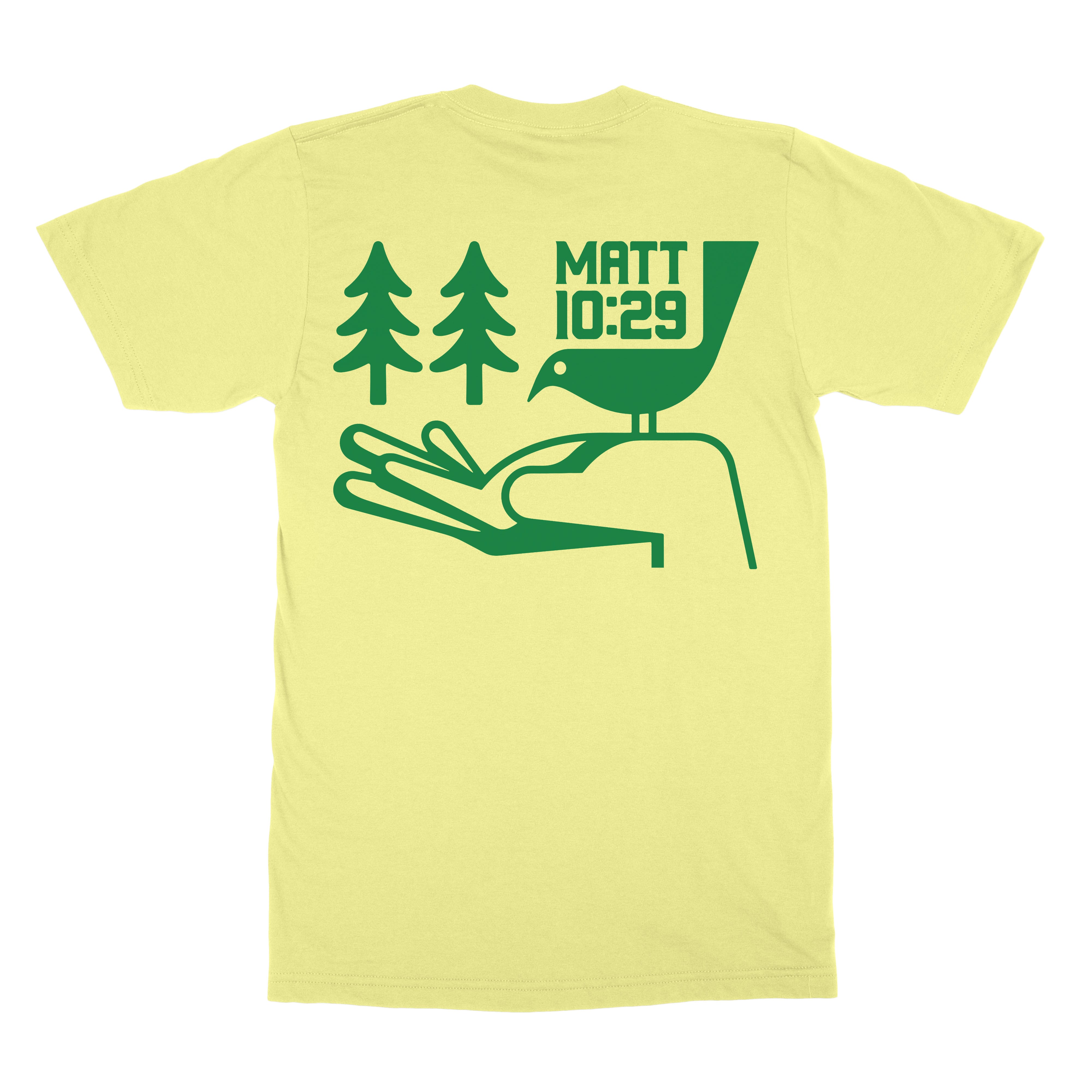 Sparrows Tee product view with sparrow artwork inspired by Matthew 10:29