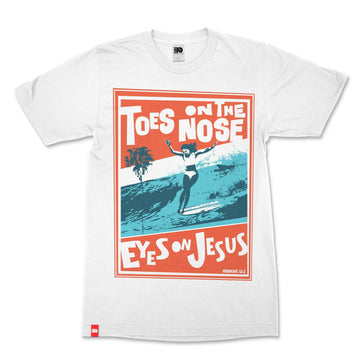 Toes on the Nose Christian T-shirt image 1 of 4, scripture-inspired Hebrews 12:2 product view